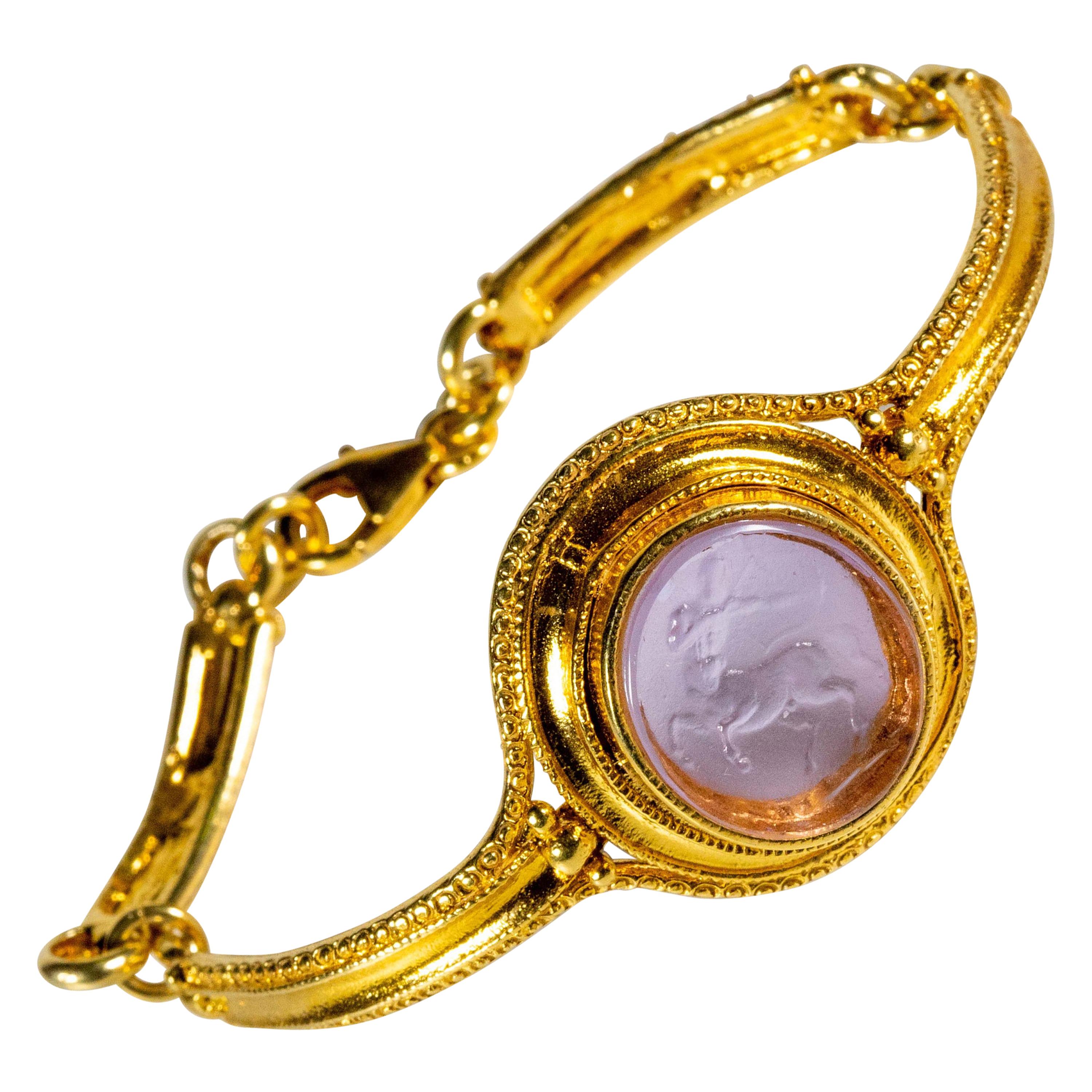 Gilded Silver Bracelet Lilac Glass Paste Centaur Cameo Etruscan Jewelry Style For Sale