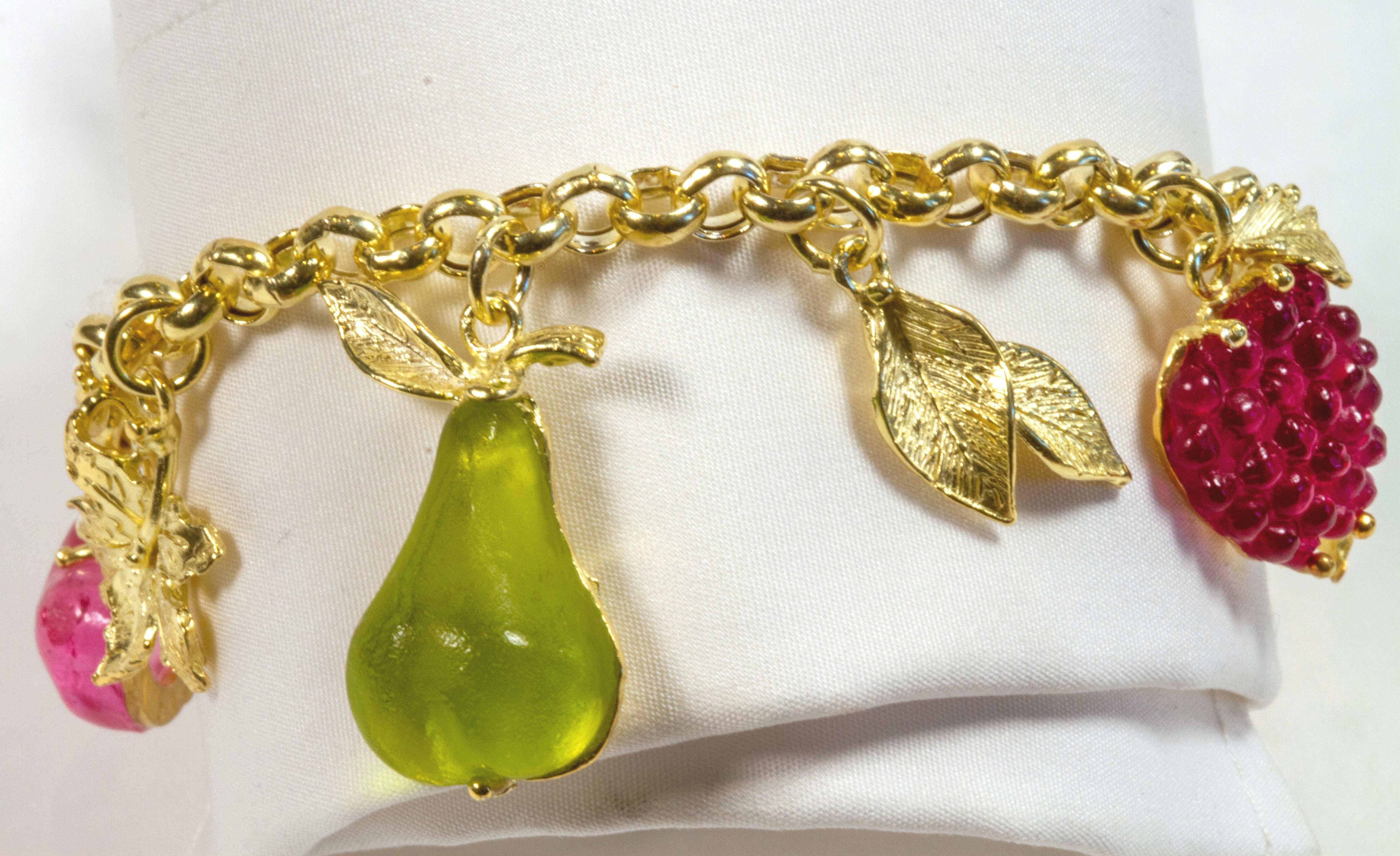 Artisan Gilded Silver Bracelet with Silver Leaf Glass Paste Fruit For Sale