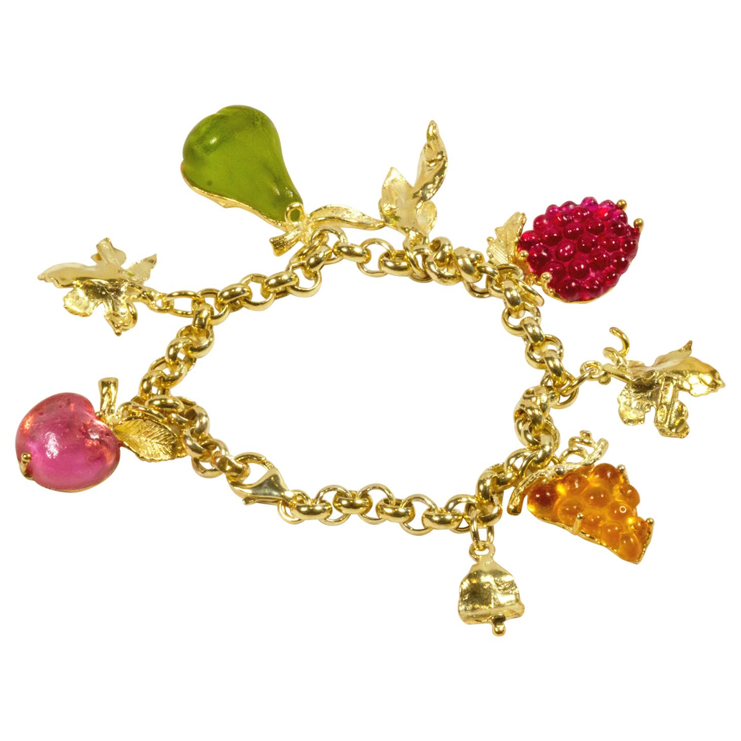 Gilded Silver Bracelet with Silver Leaf Glass Paste Fruit For Sale
