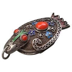 Vintage Gilded Silver Coral Enamel  vinaigrette perfume locket Pendant