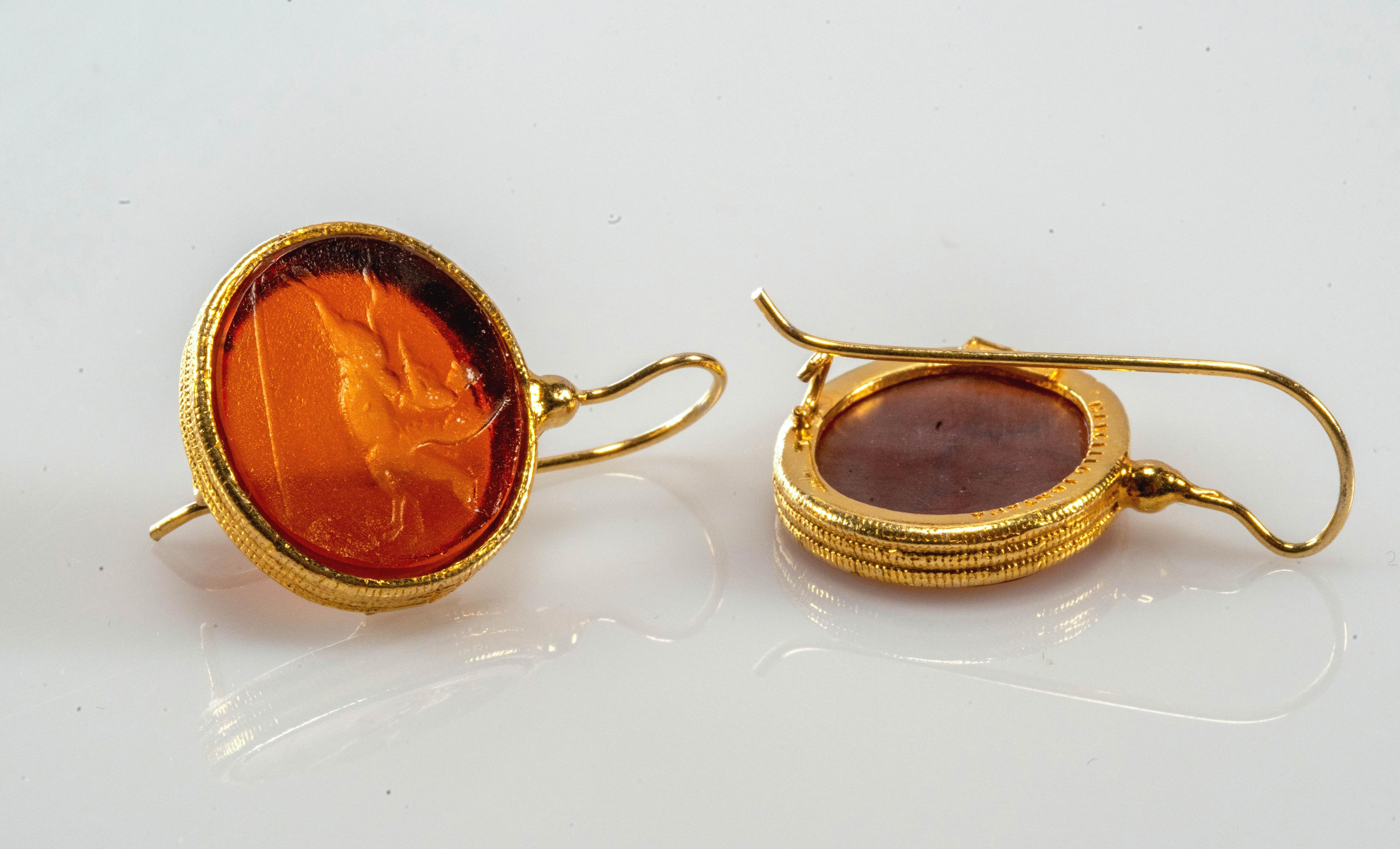 Women's Gilded Silver Earrings Glass Paste Cameo Etruscan Jewelry Style