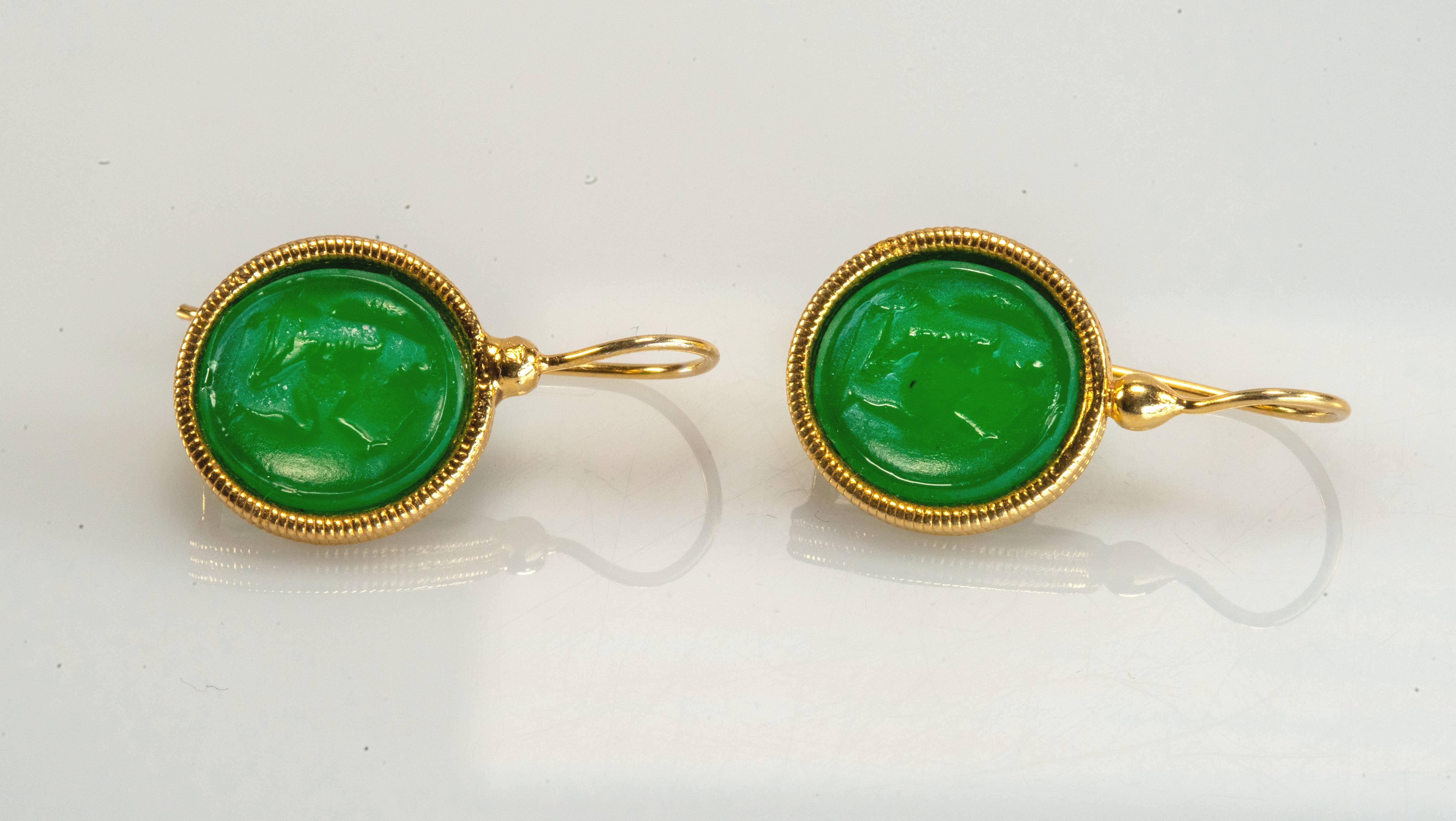 Women's Gilded Silver Earrings Green Glass Paste Warrior Cameo Etruscan Jewelry Style
