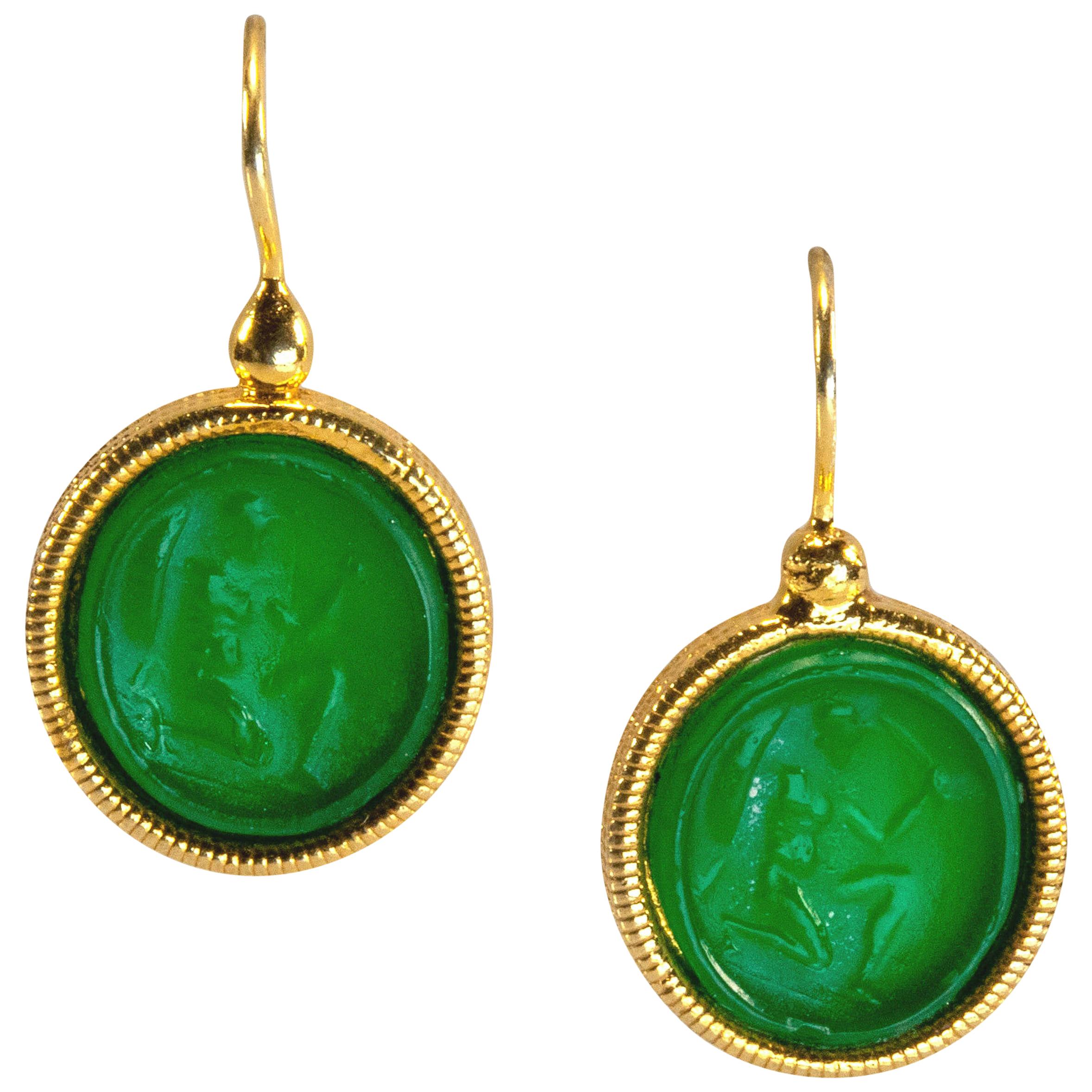 Gilded Silver Earrings Green Glass Paste Warrior Cameo Etruscan Jewelry Style