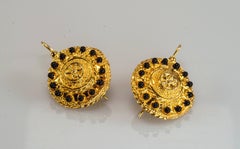 Gilded Silver Earrings Onyx and Engravings Etruscan Jewelry Style