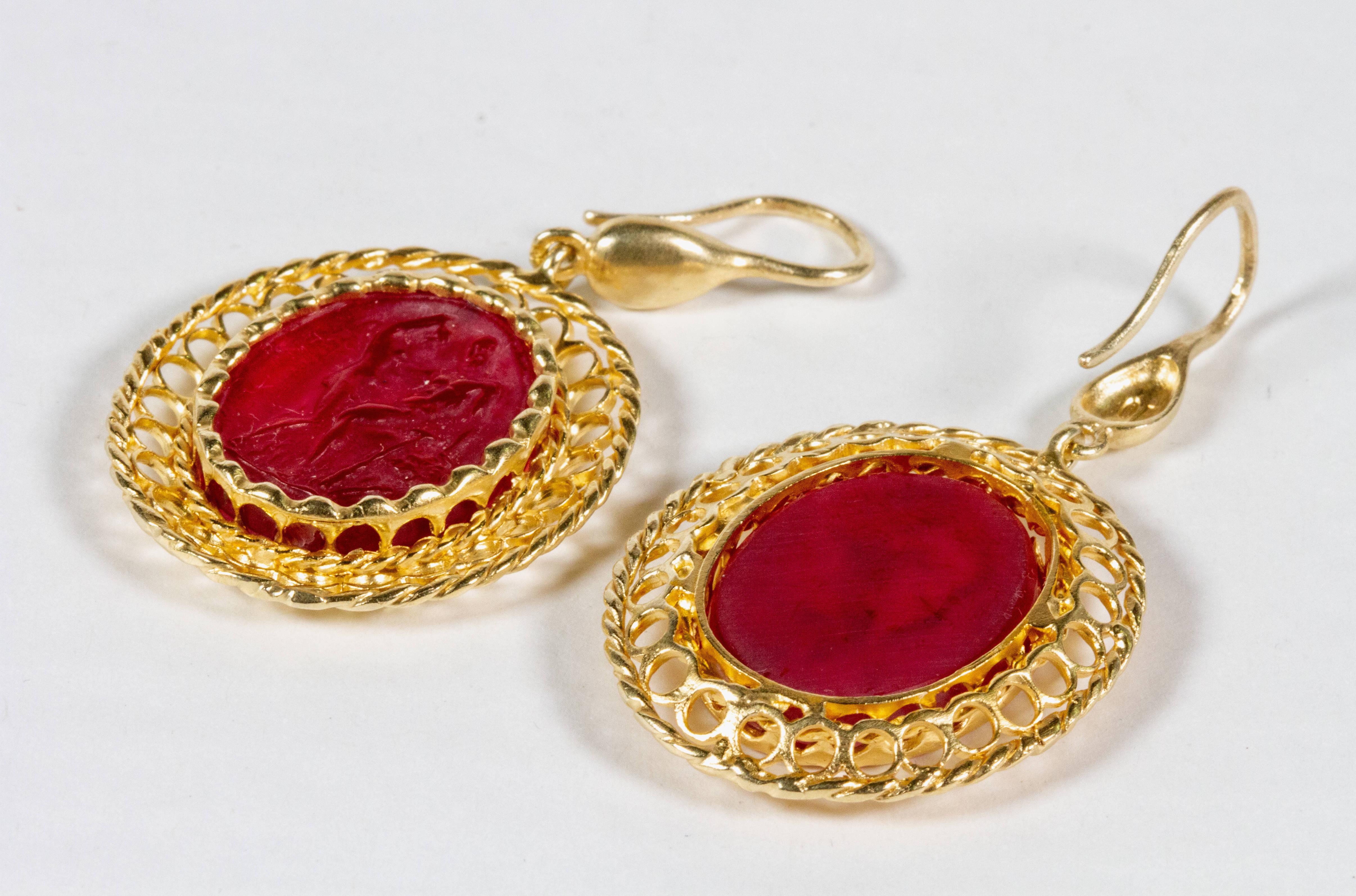 Etruscan Revival Gilded Silver Earrings Red Glass Paste Cameo Etruscan Jewelry Style