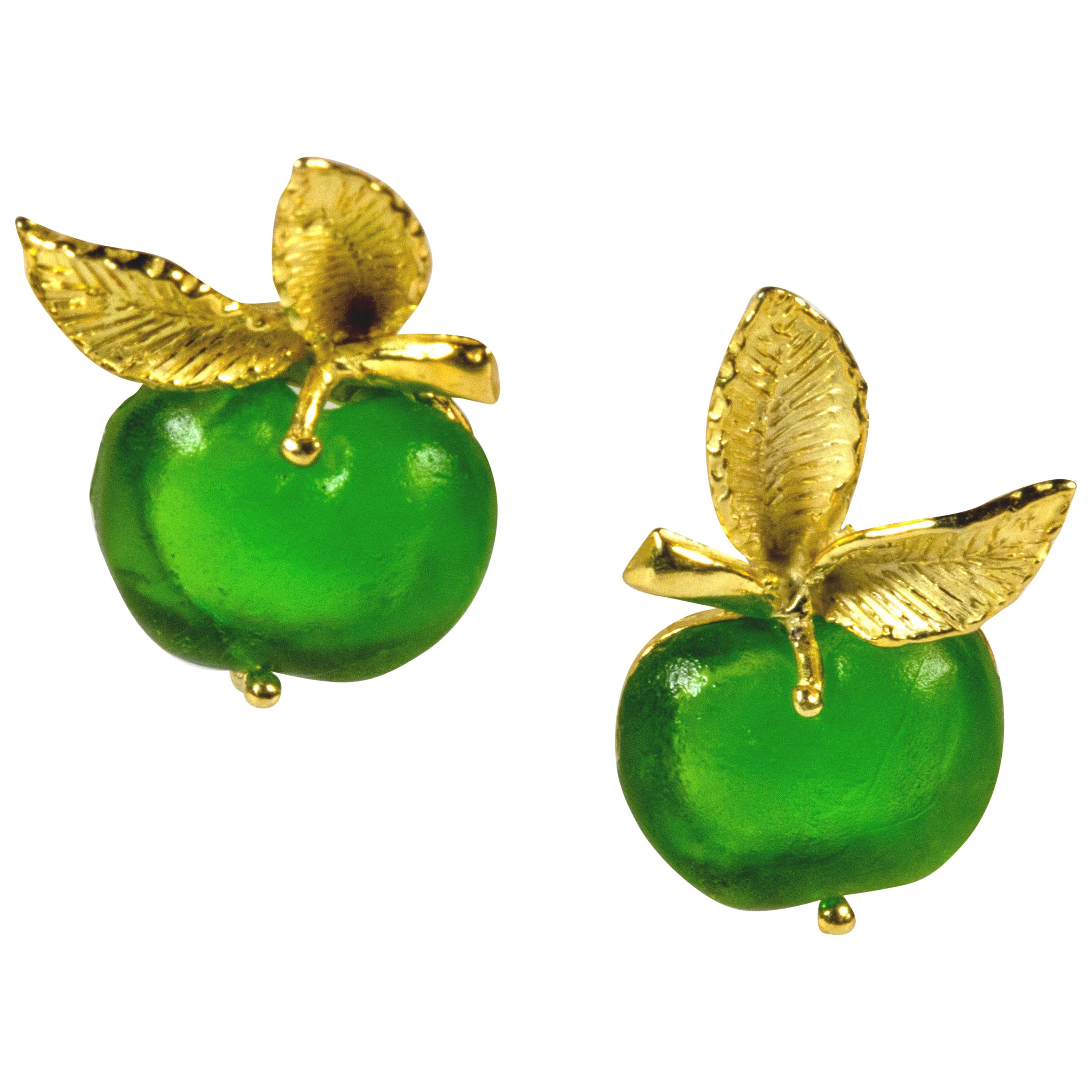 Gilded Silver Earrings Silver Leaves Glass Paste Green Apple For Sale