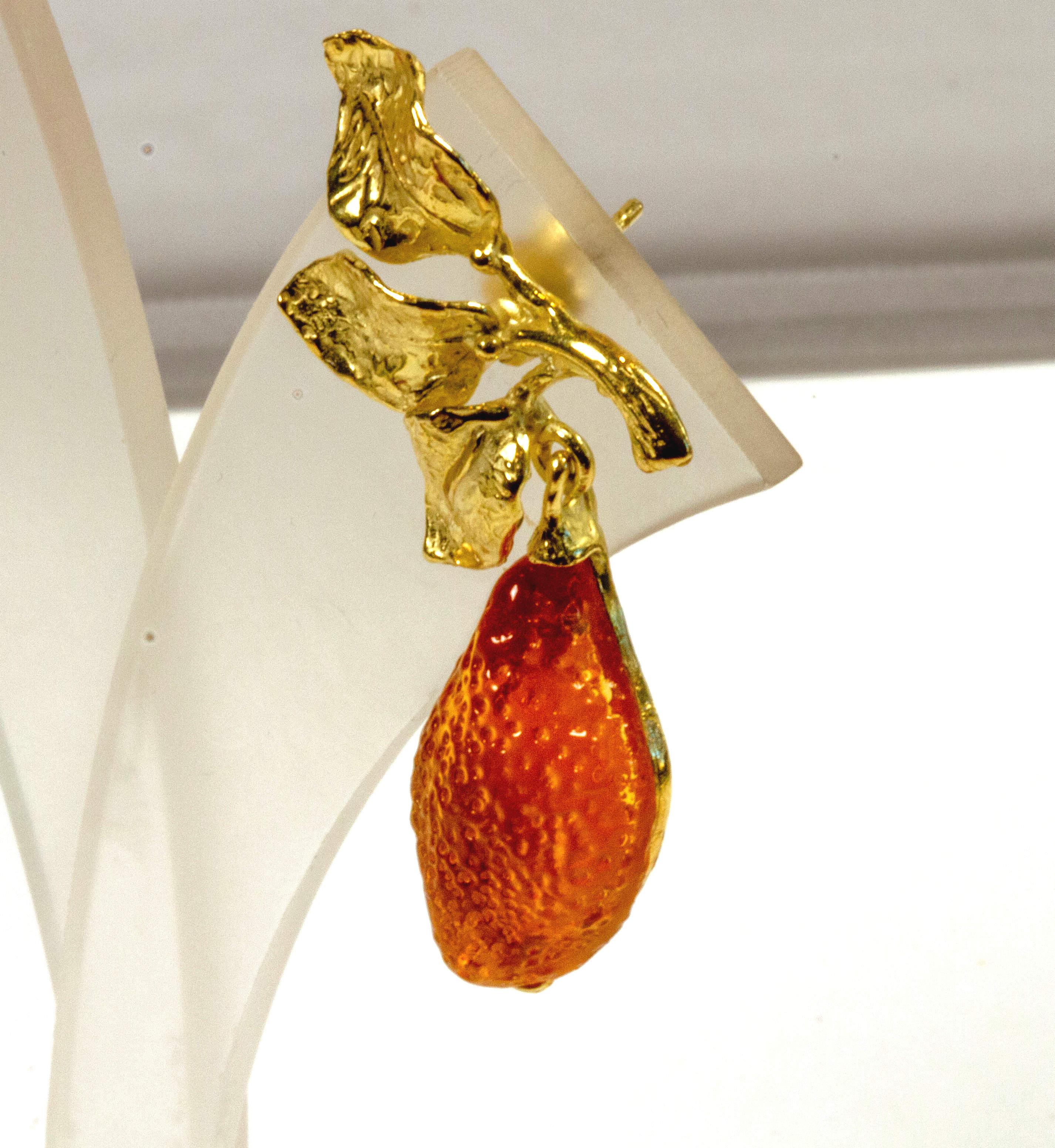 Gilded Silver Earrings Silver Leaves Glass Paste Orange Lemon In New Condition For Sale In Rome, IT