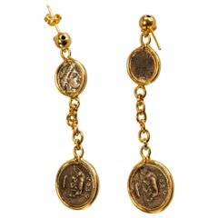 Gilded Silver Earrings with 4 Ancient Bronze Coin Classical Roman Style