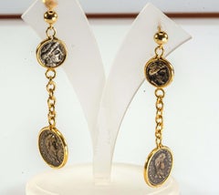 Gilded Silver Earrings with 4 Ancient Bronze Coin Classical Roman Style