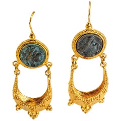 Gilded Silver Earrings with Ancient Bronze Coin and Saddlebag Roman Style