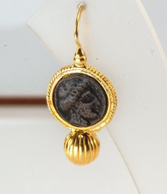 Gilded Silver Earrings with Ancient Bronze Coin and Sphere Classical Roman Style
