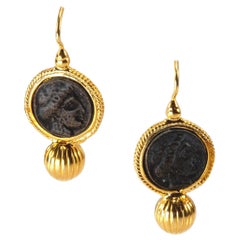 Gilded Silver Earrings with Ancient Bronze Coin and Sphere Classical Roman Style