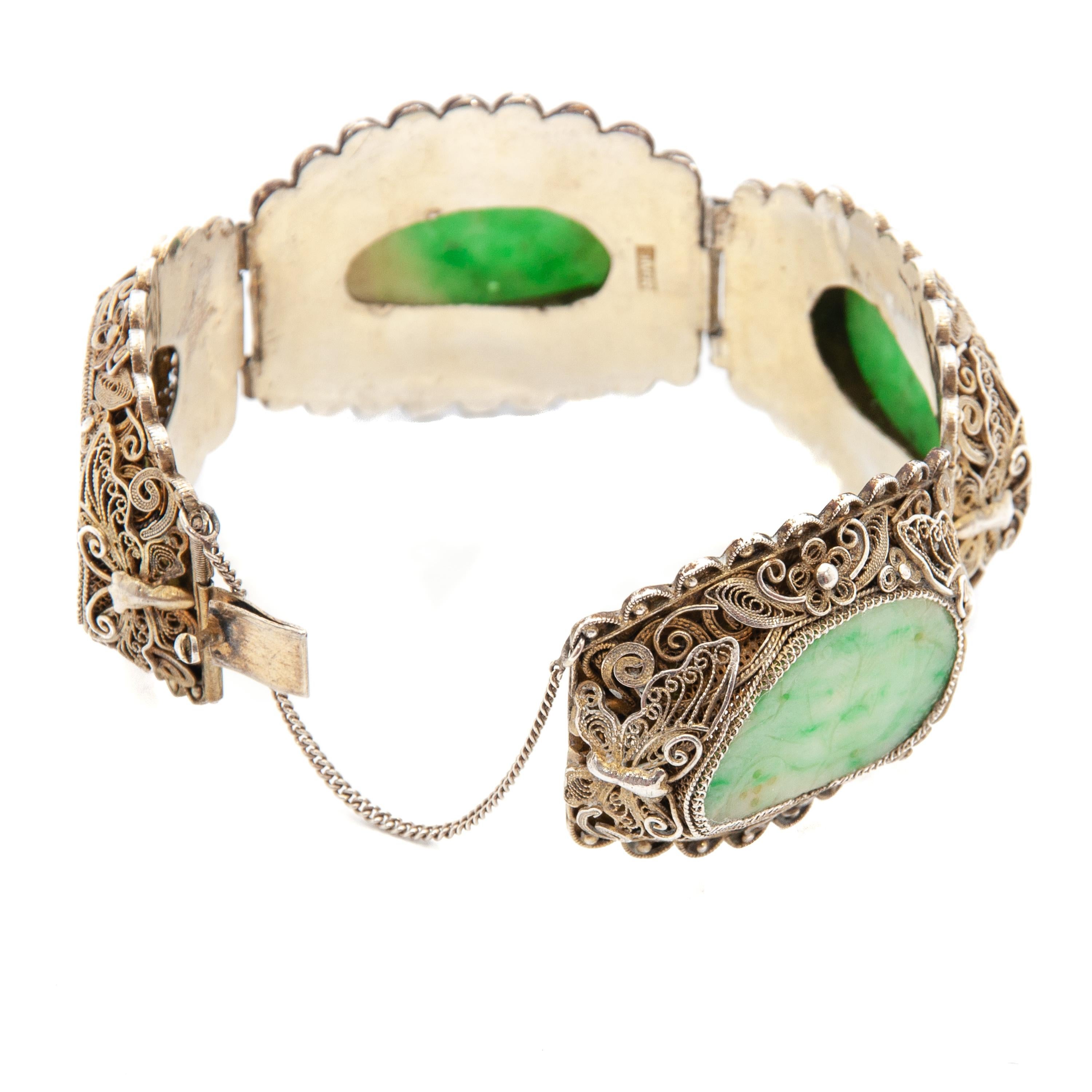 Vintage Carved Jade Gilded Silver Link Bracelet For Sale 1