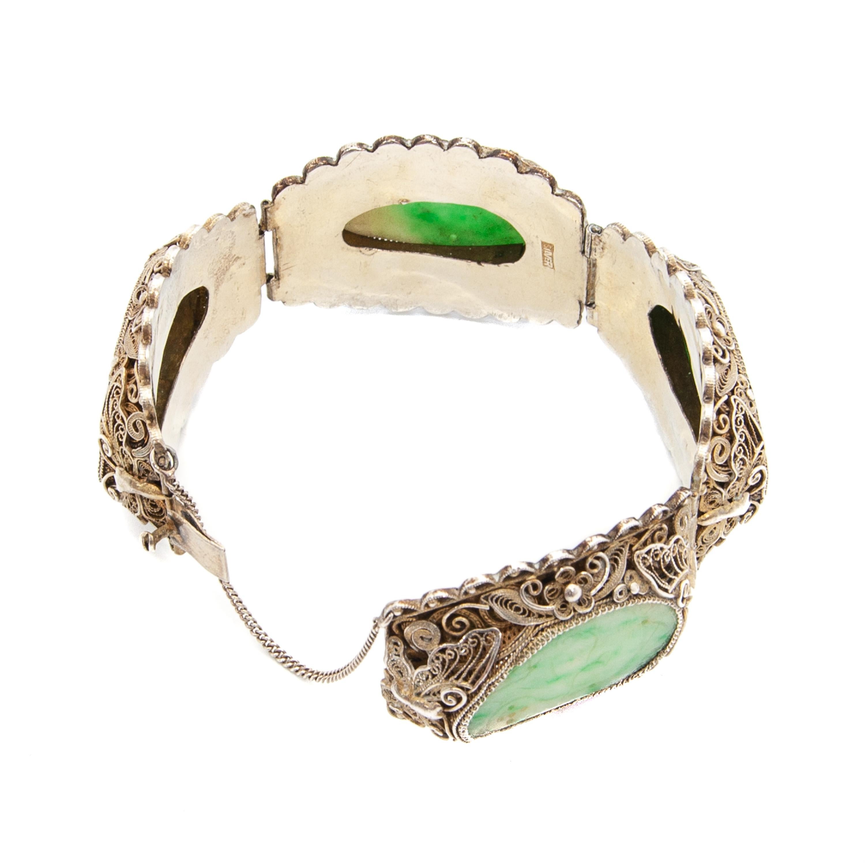 Vintage Carved Jade Gilded Silver Link Bracelet For Sale 2