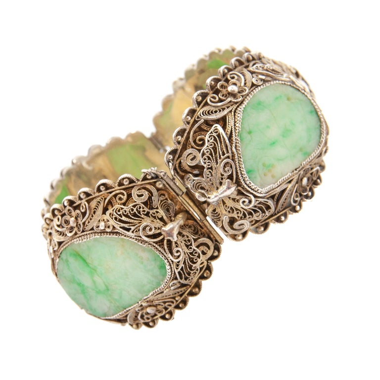 Antique Chinese Gilded Silver Carved Green Jade Bracelet For Sale at