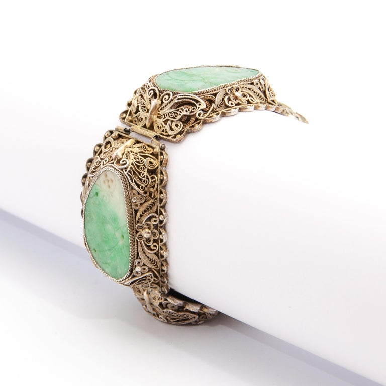 Antique Chinese Gilded Silver Carved Green Jade Bracelet For Sale at
