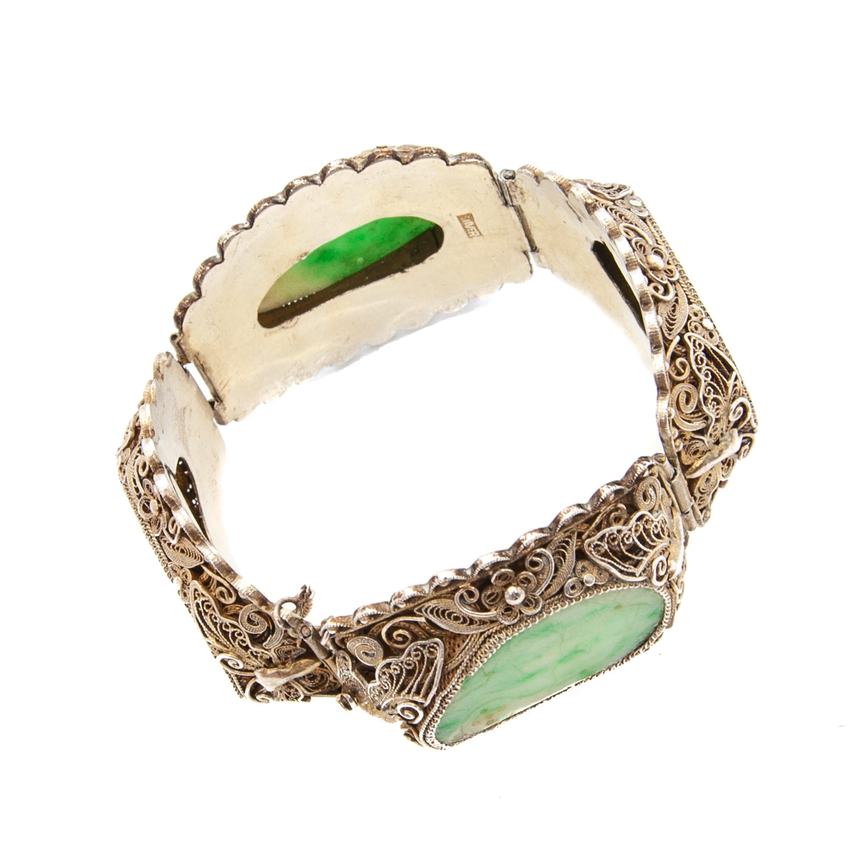 Art Deco Vintage Carved Jade Gilded Silver Link Bracelet For Sale