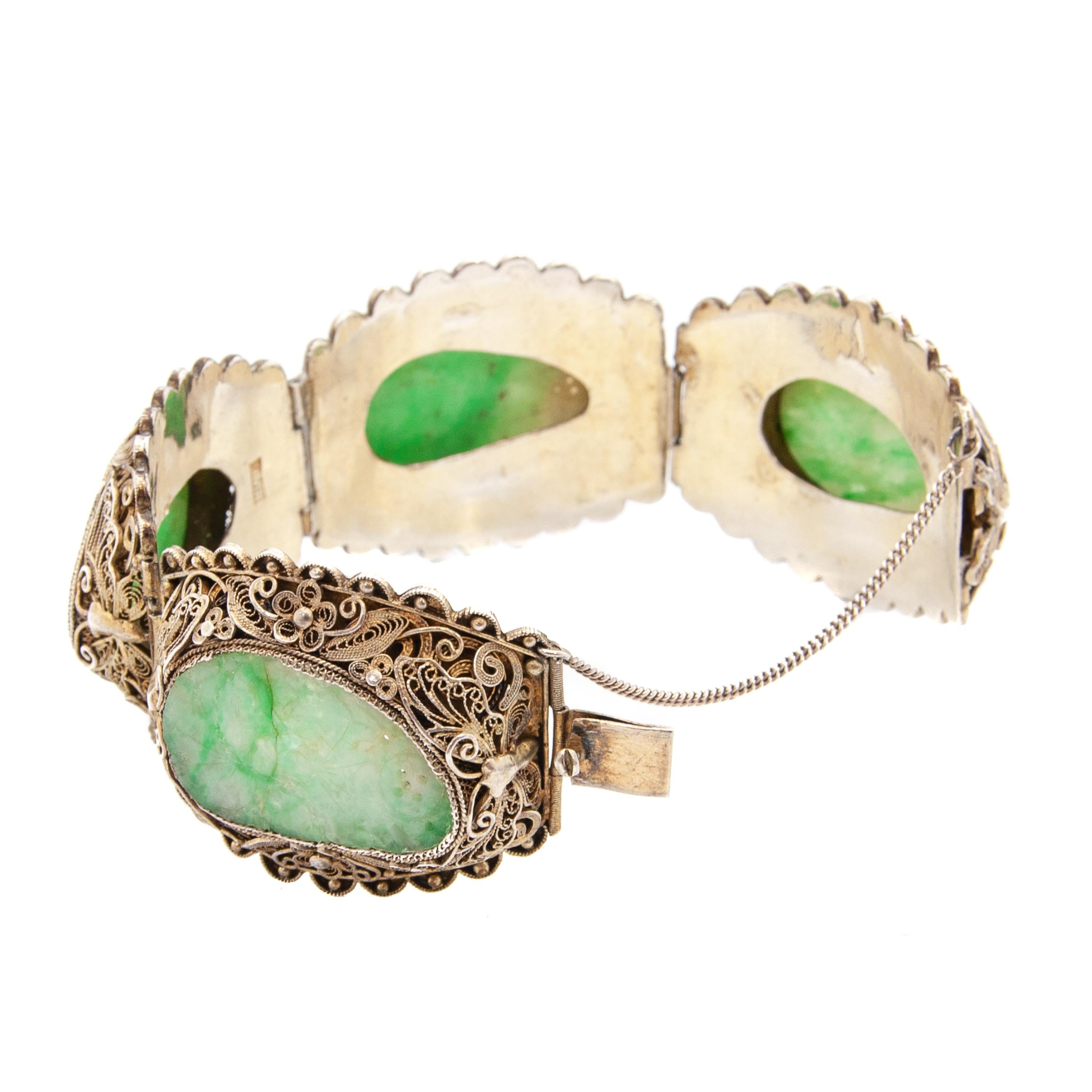 Oval Cut Vintage Carved Jade Gilded Silver Link Bracelet For Sale