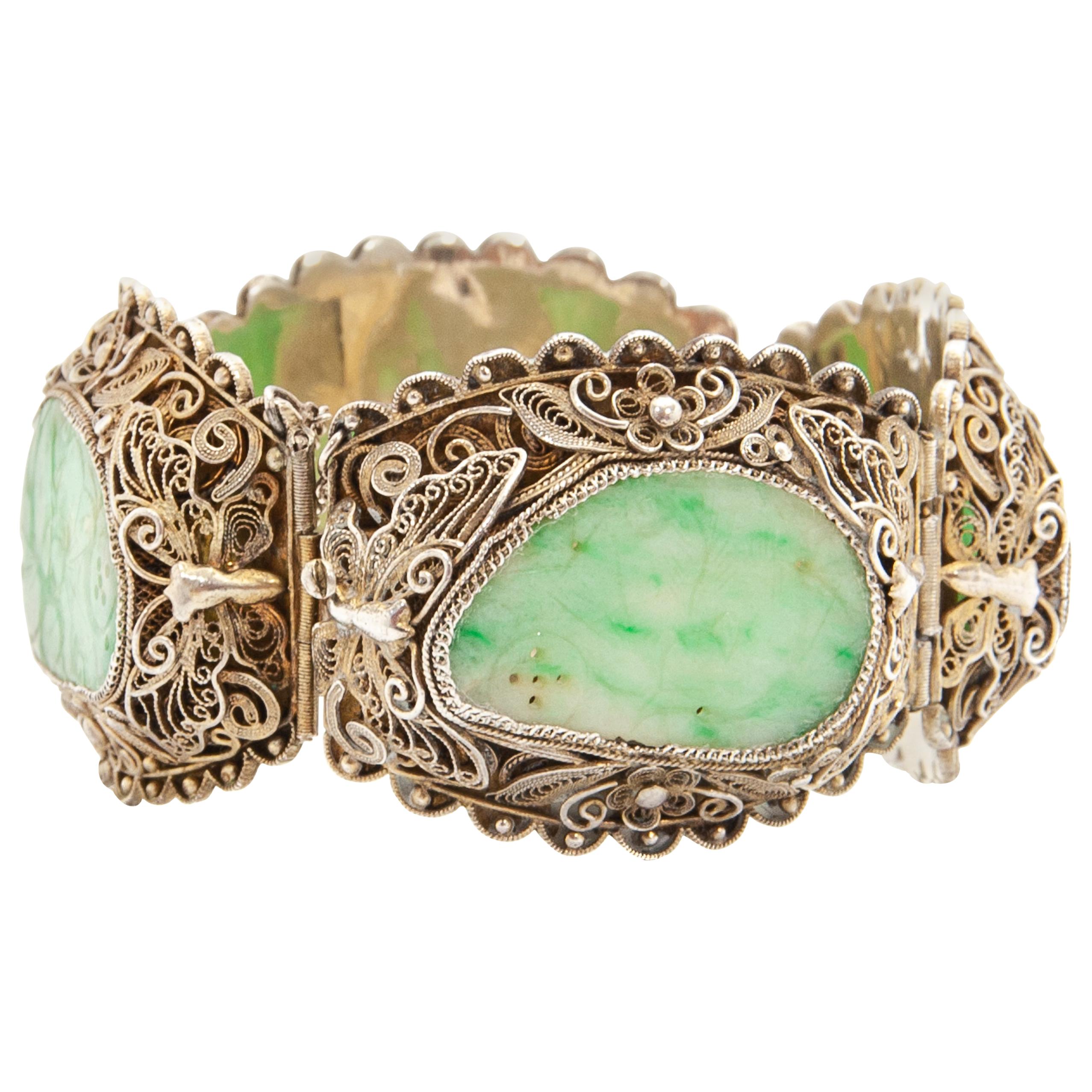 Vintage Carved Jade Gilded Silver Link Bracelet