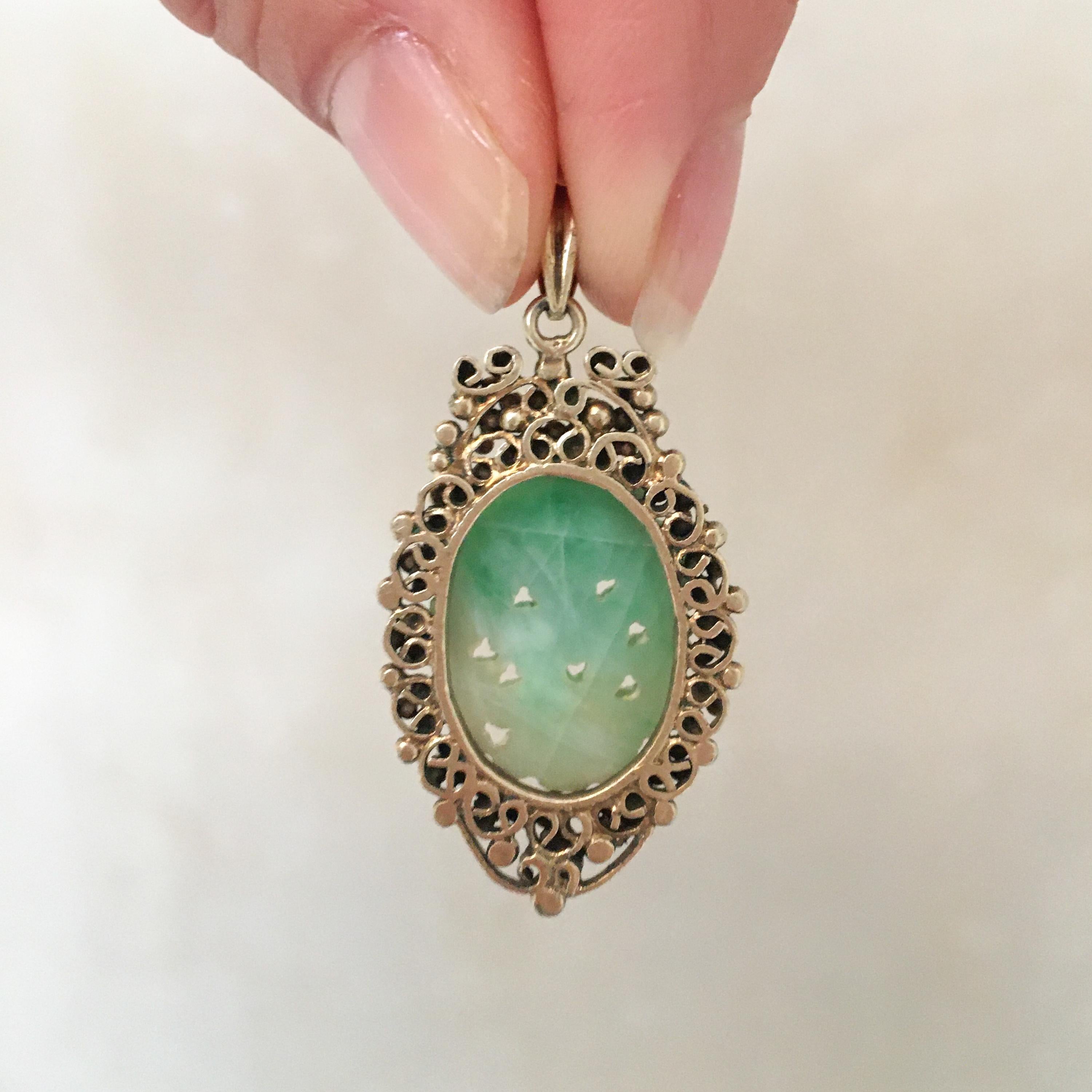 Floral Carved Jade and Gilded Silver Pendant For Sale 1