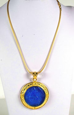 Gilded Silver Necklace Blue Glass Paste Hippogriff Cameo Etruscan Jewelry Style