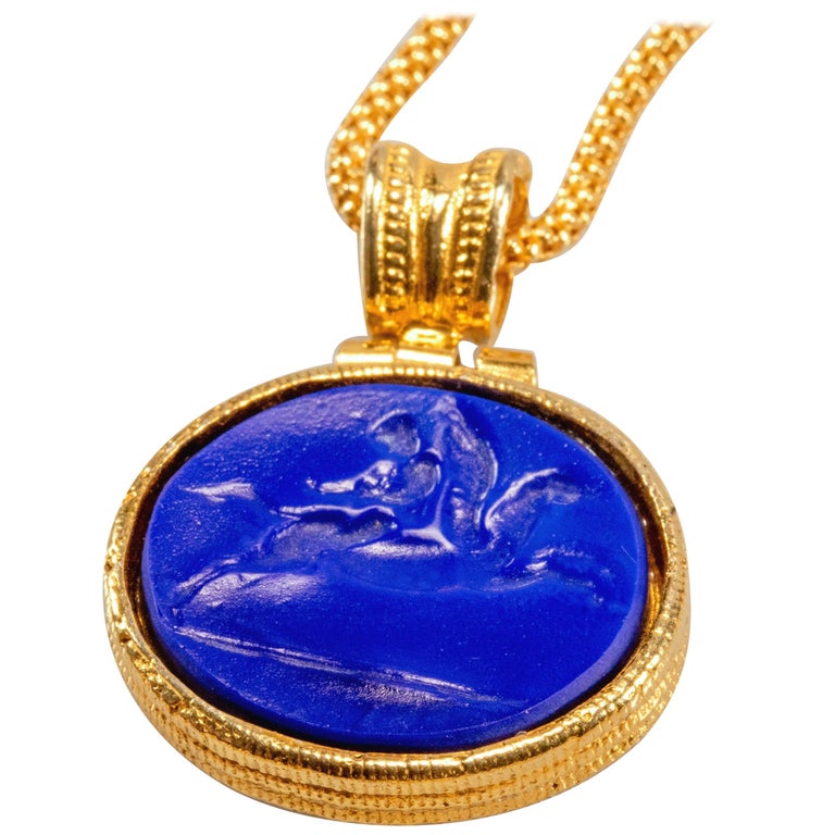 Gilded Silver Necklace Blue Glass Paste Pegasus Cameo Etruscan Jewelry
