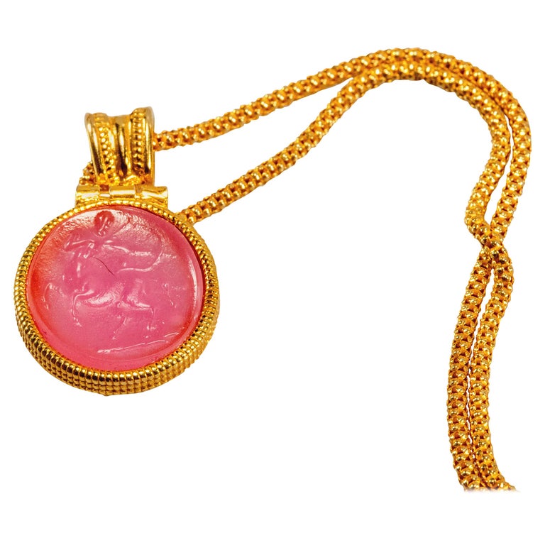 Gilded Silver Necklace Glass Paste Cameo Etruscan Jewelry Style For
