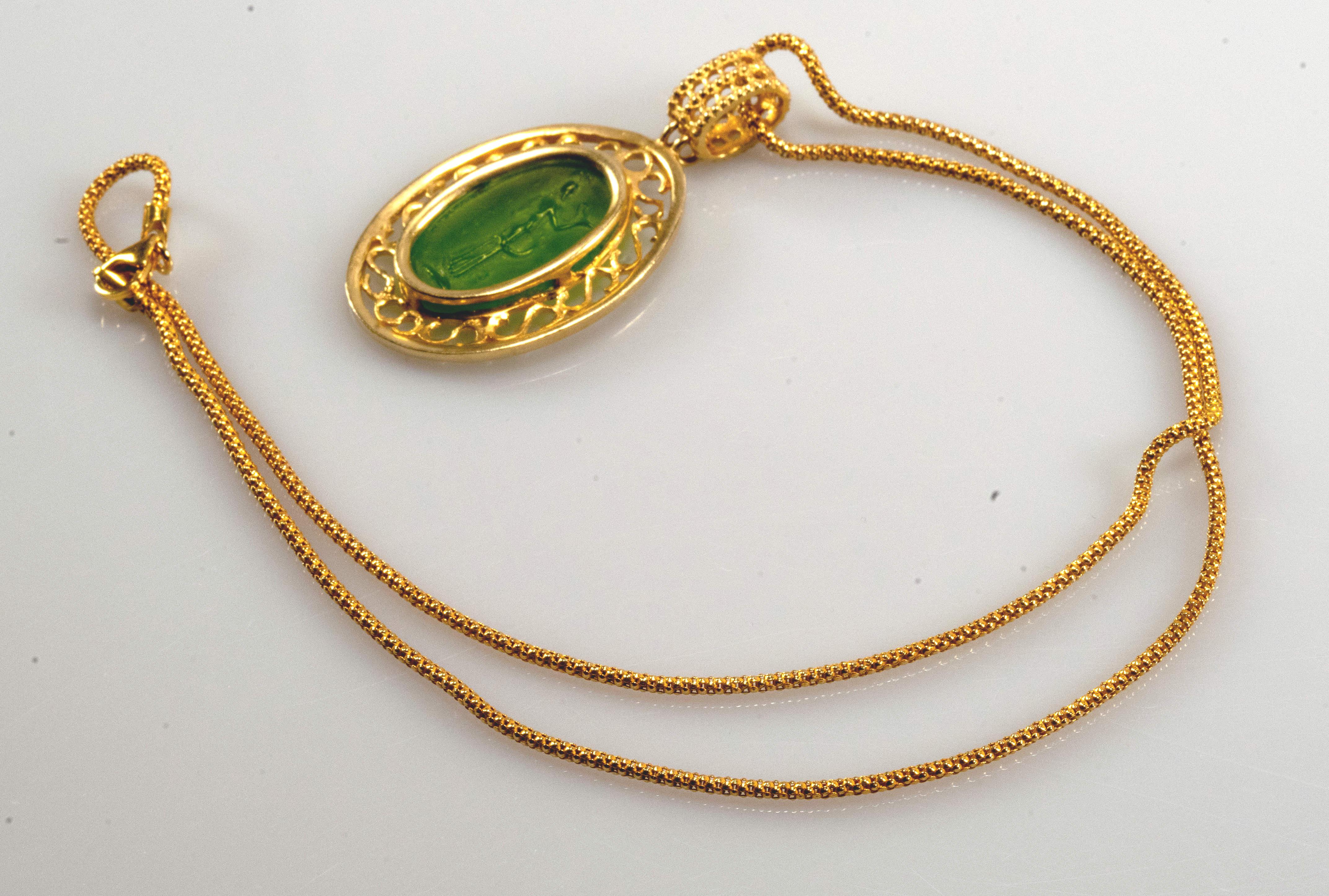Etruscan Revival Gilded Silver Necklace Green Glass Paste Cameo Etruscan Jewelry Style For Sale