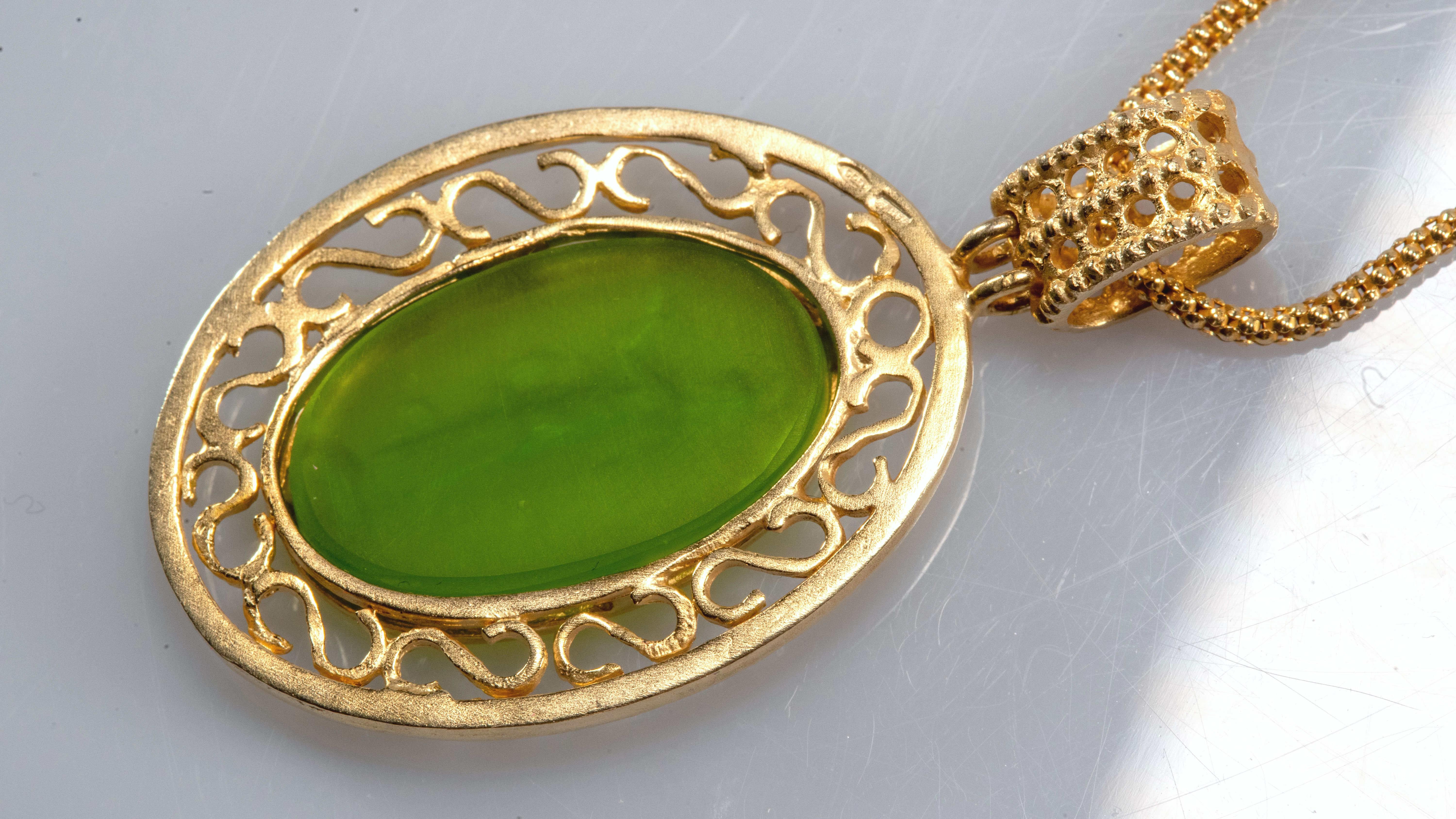 Gilded Silver Necklace Green Glass Paste Cameo Etruscan Jewelry Style For Sale 1