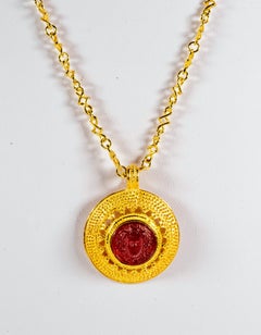 Gilded Silver Necklace Red Glass Paste Medusa Cameo Etruscan Jewelry Style