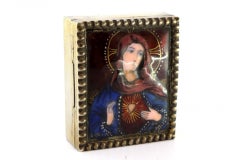 Gilded silver pin box with enamel Saint figure and pearly frieze