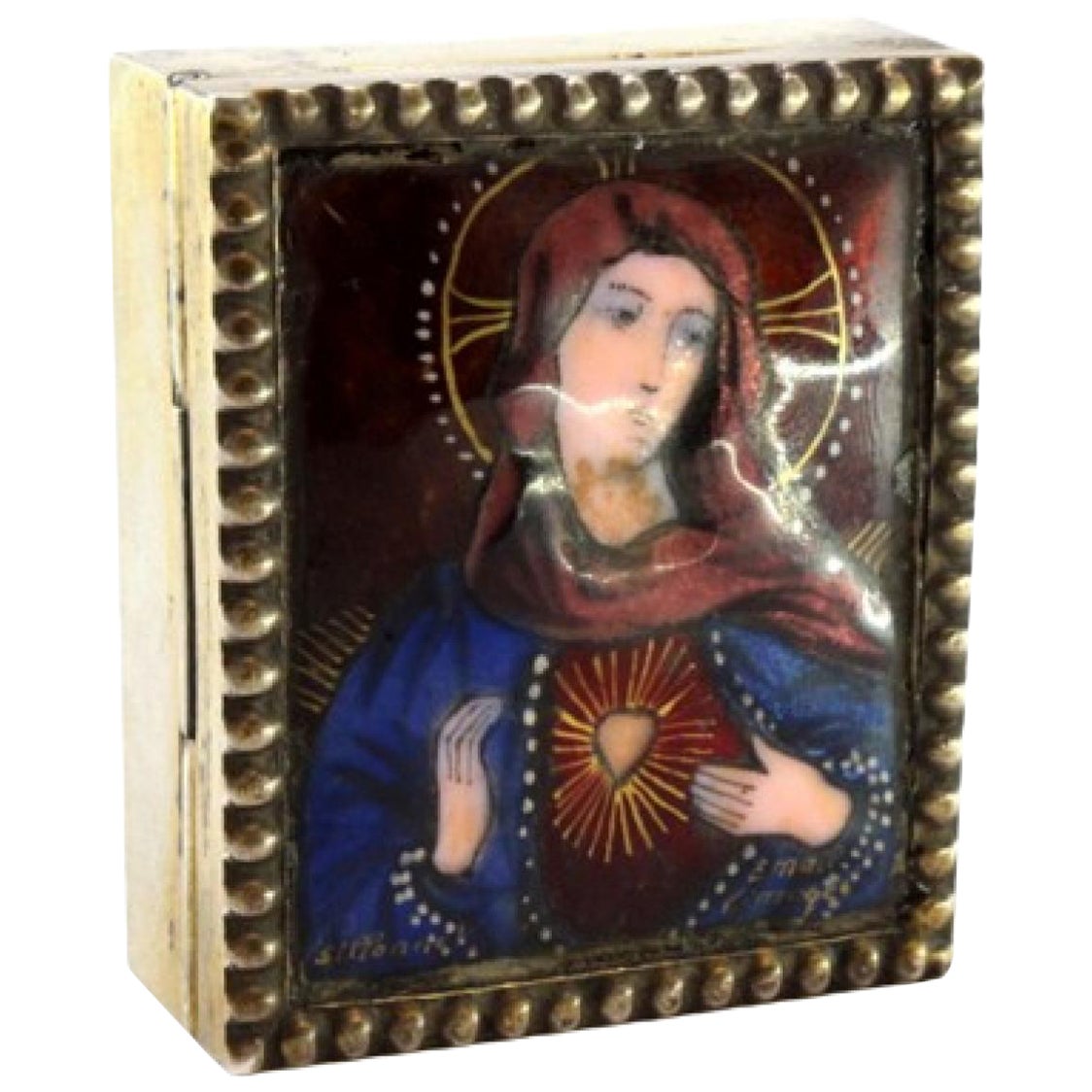 Gilded silver pin box with enamel Saint figure and pearly frieze For Sale