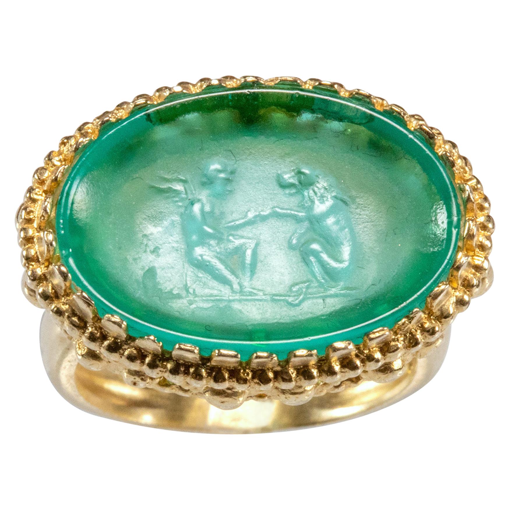 Gilded Silver Ring Glass Paste Cameo Etruscan Jewelry Style