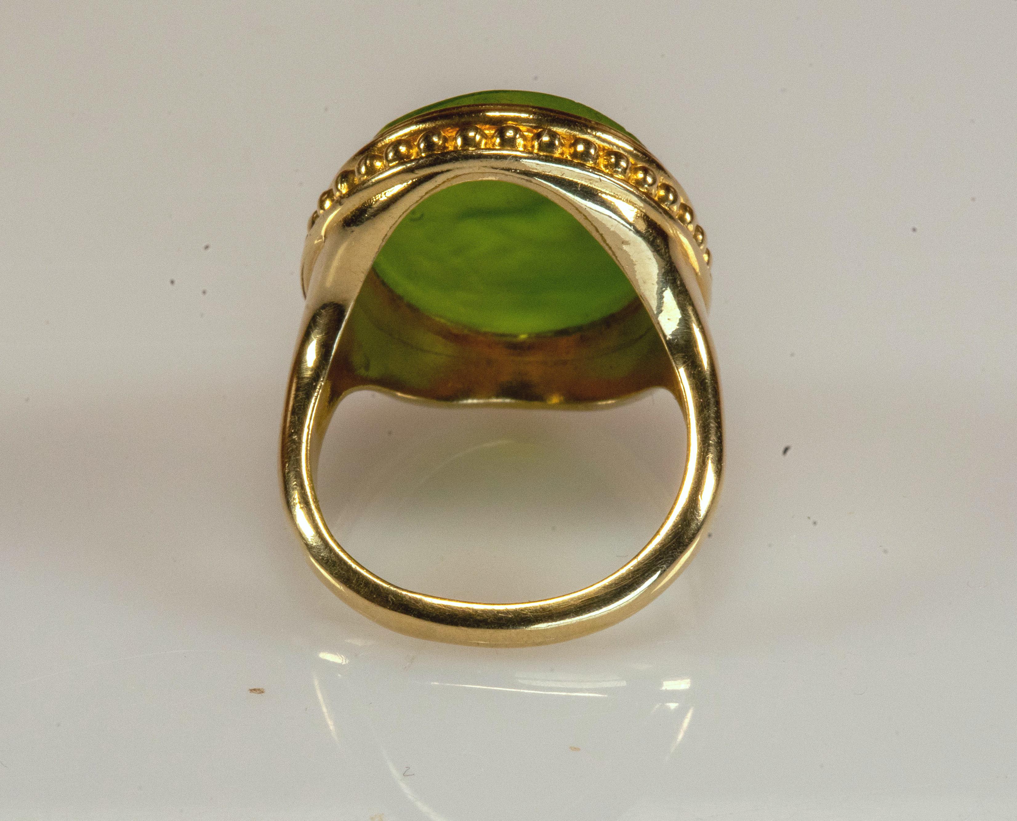 Etruscan Revival Gilded Silver Ring Green Glass Paste Centaur Cameo Etruscan Jewelry Style
