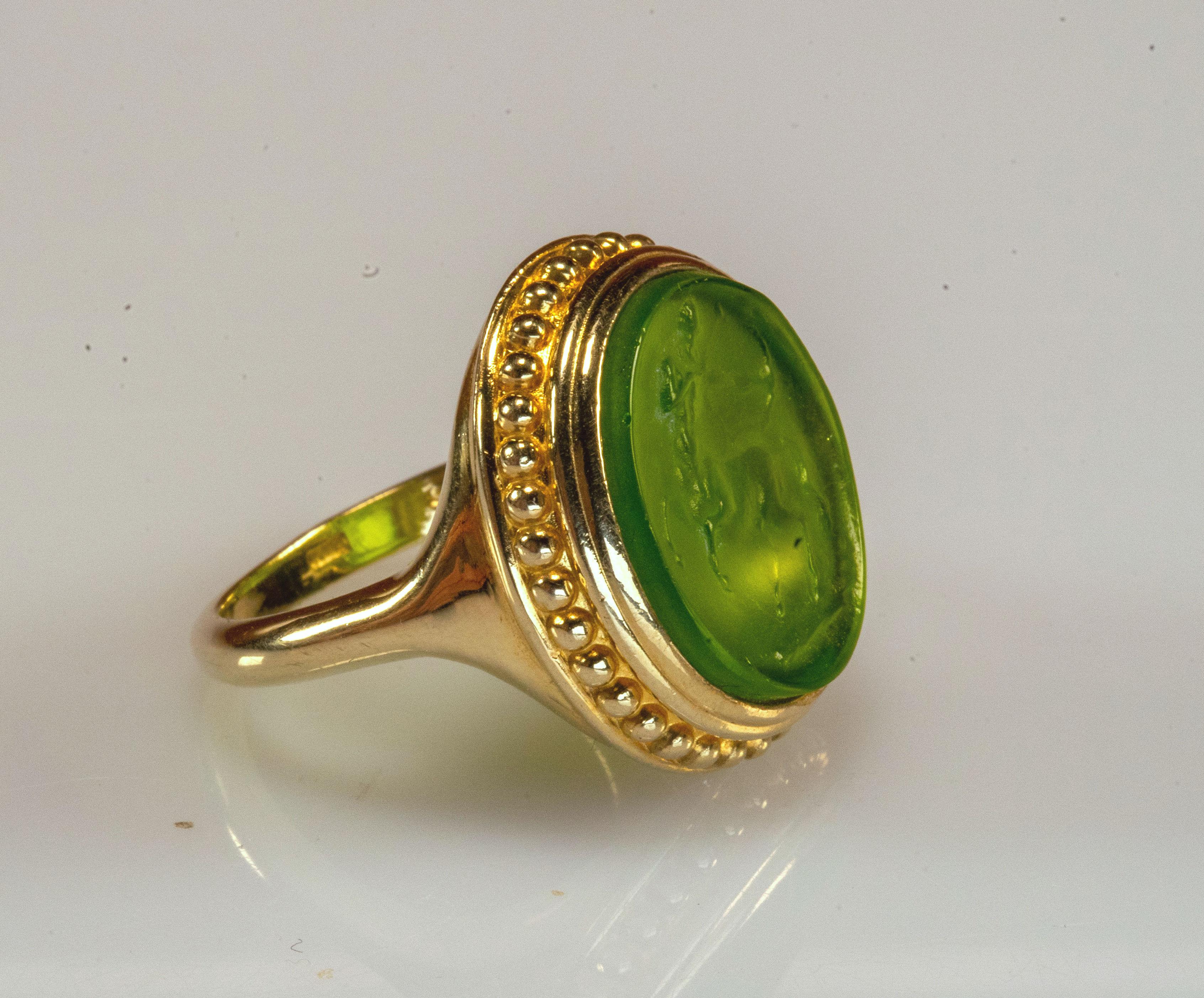 Gilded Silver Ring Green Glass Paste Centaur Cameo Etruscan Jewelry Style In Excellent Condition In Rome, IT