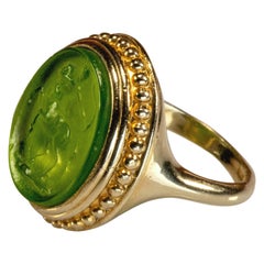 Gilded Silver Ring Green Glass Paste Centaur Cameo Etruscan Jewelry Style