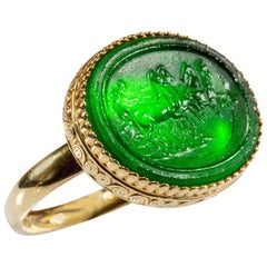 Gilded Silver Ring Green Glass Paste Quadriga Cameo Etruscan Jewelry Style