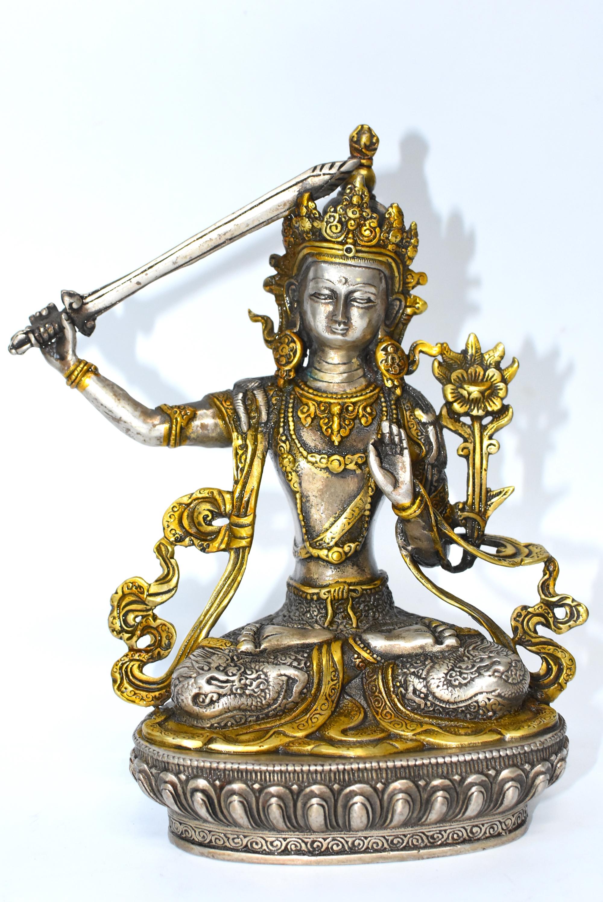 Silver Tibetan Buddha Manjushree with Sword of Wisdom 2