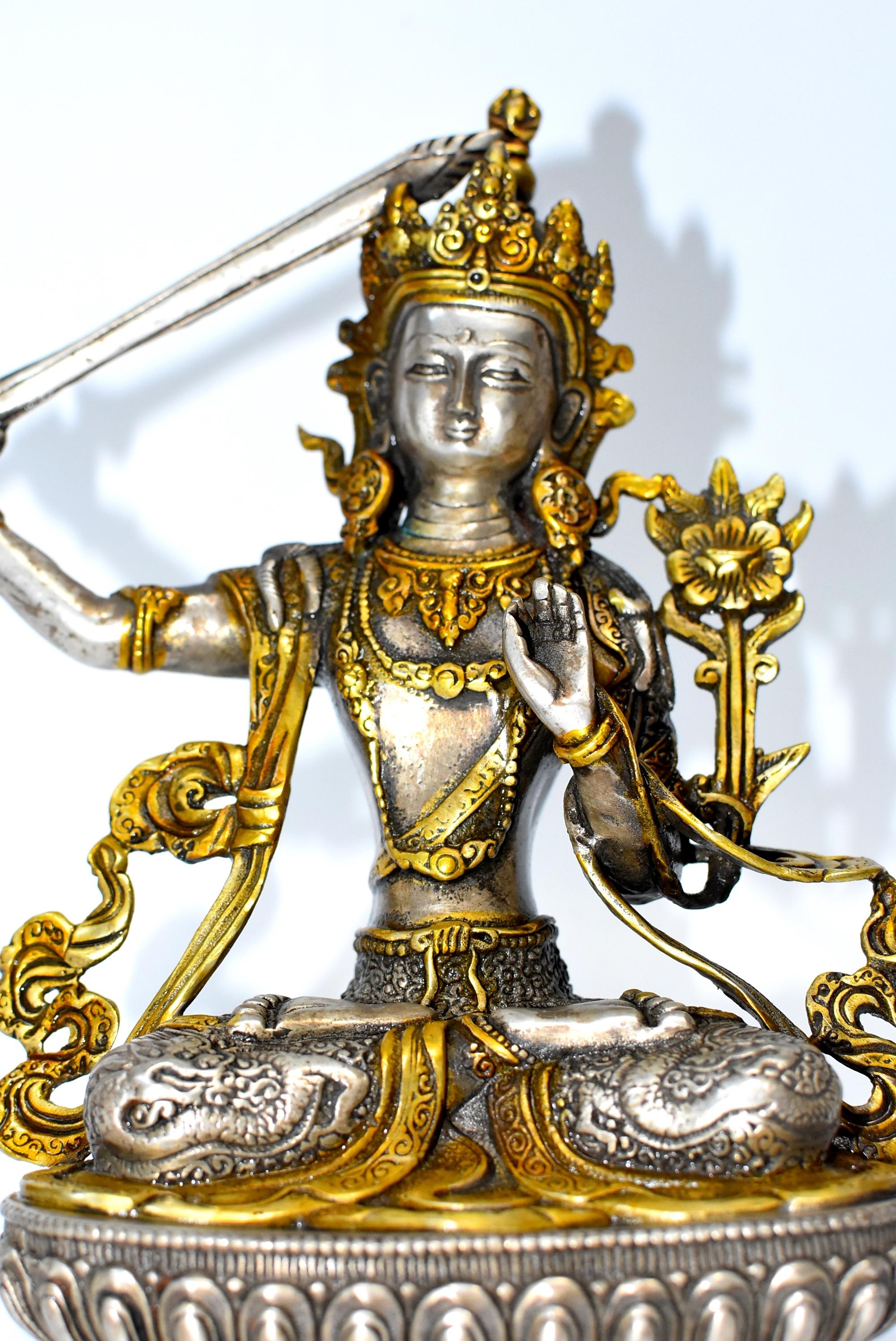 Silver Tibetan Buddha Manjushree with Sword of Wisdom 9
