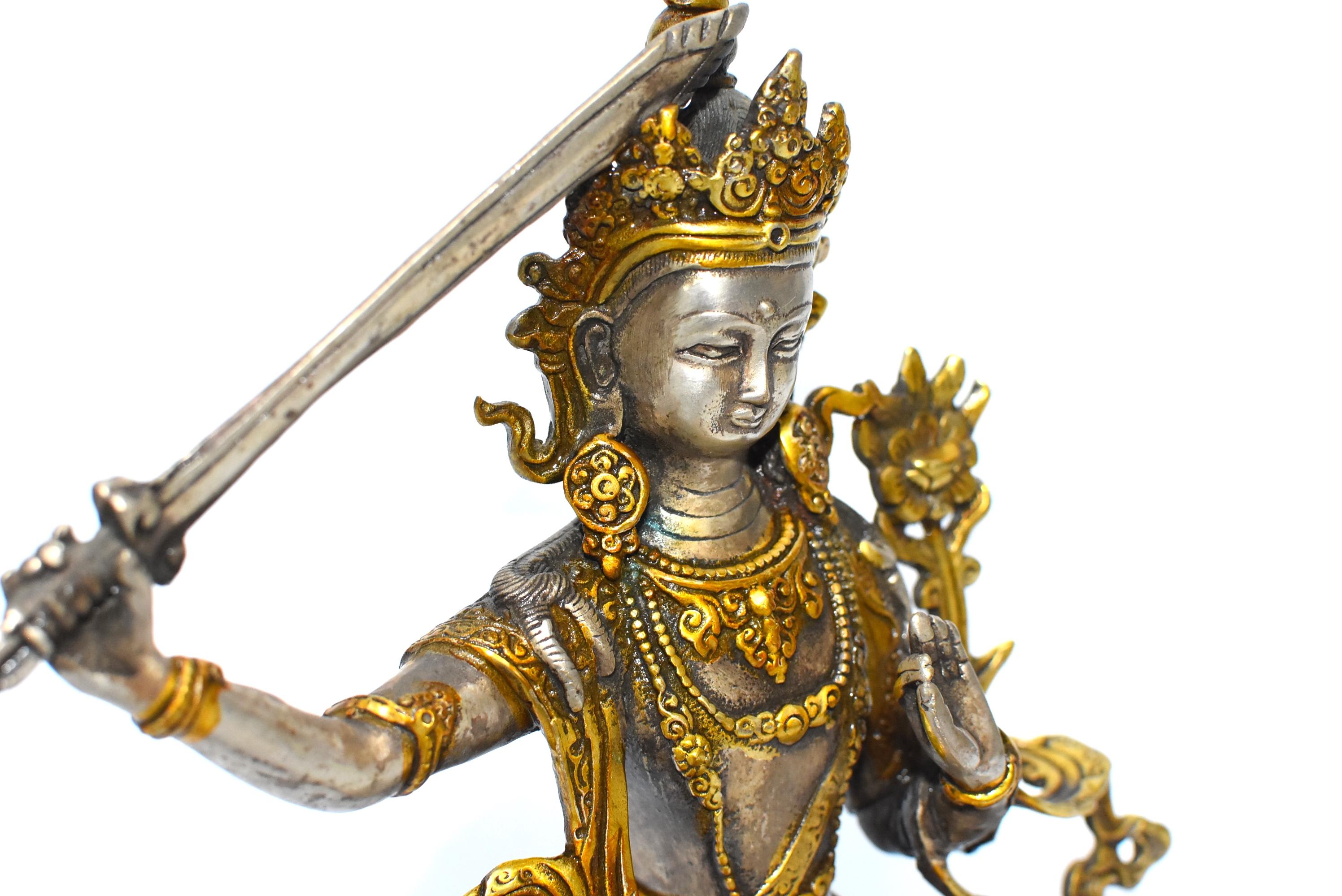 20th Century Silver Tibetan Buddha Manjushree with Sword of Wisdom