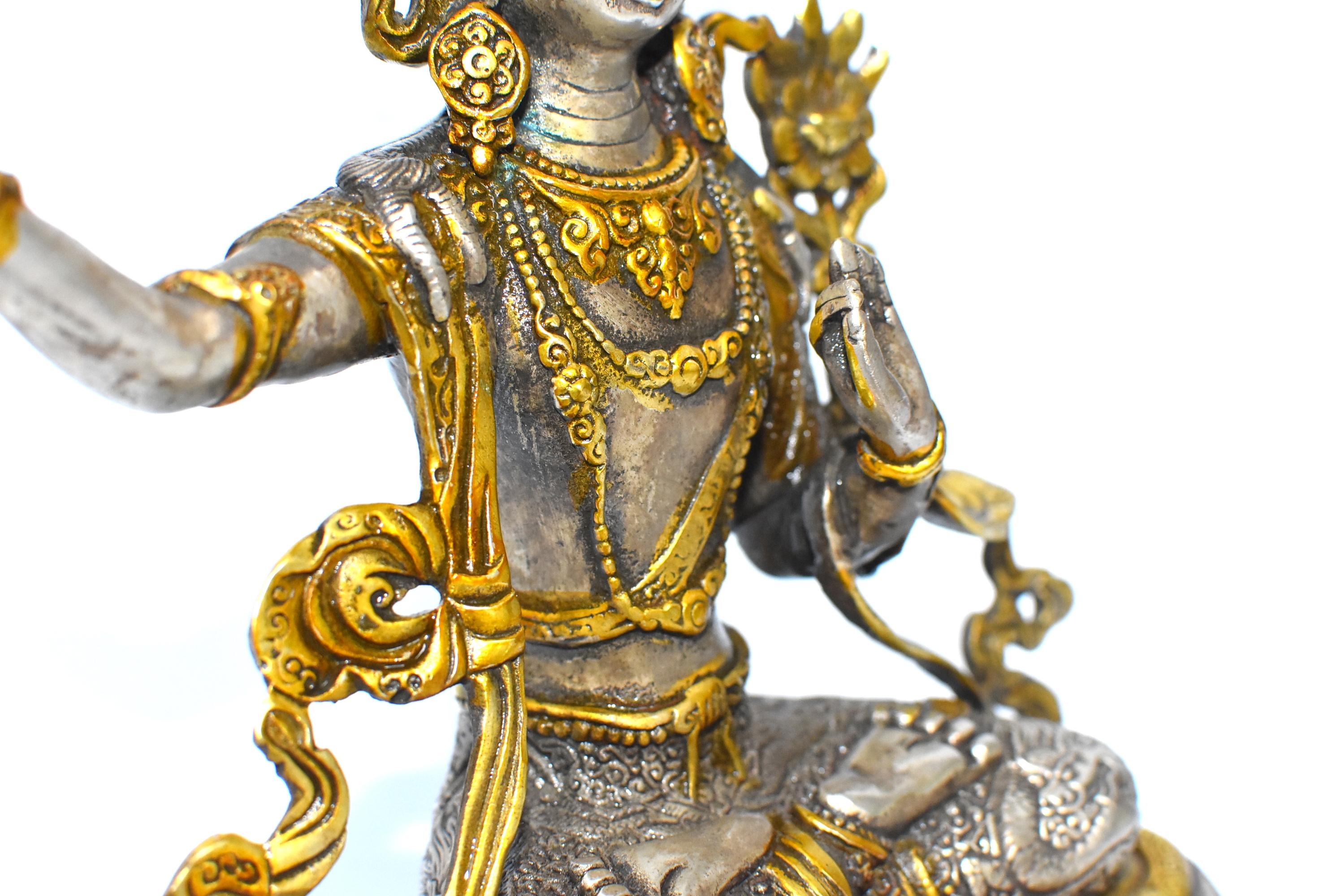 Bronze Silver Tibetan Buddha Manjushree with Sword of Wisdom
