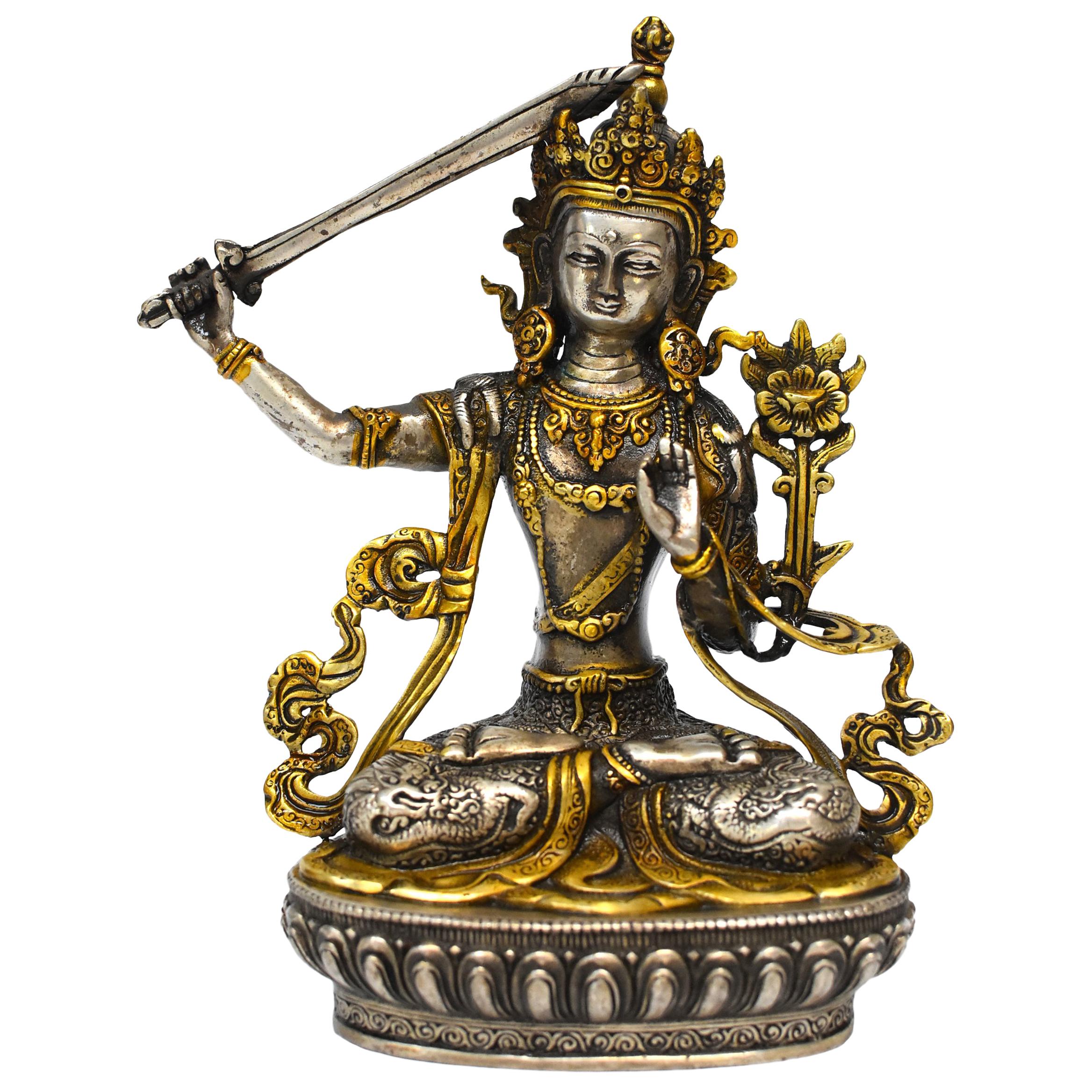 Silver Tibetan Buddha Manjushree with Sword of Wisdom