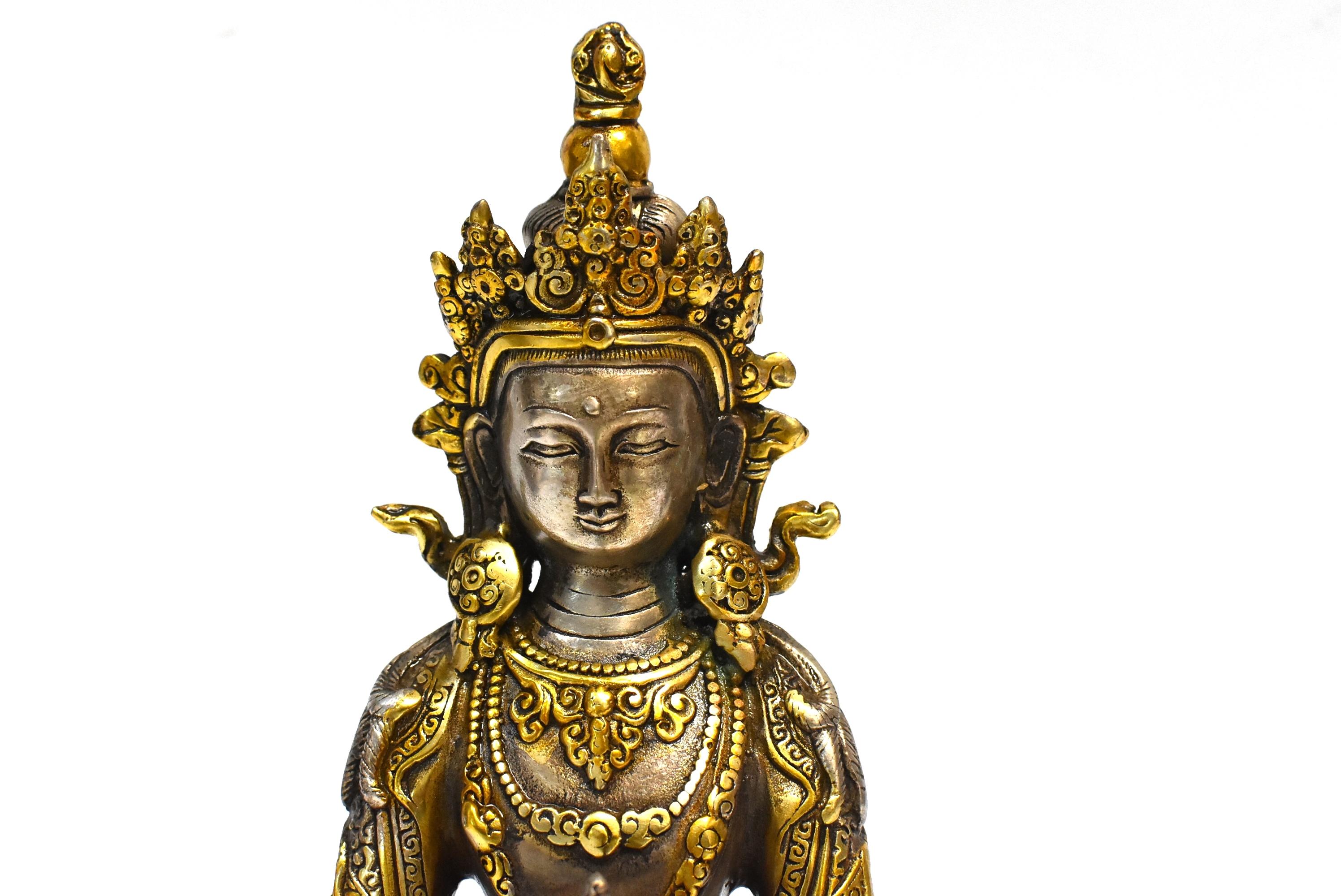 20th Century Gilded Silver Tibetan Buddha of Long Life Amitayus