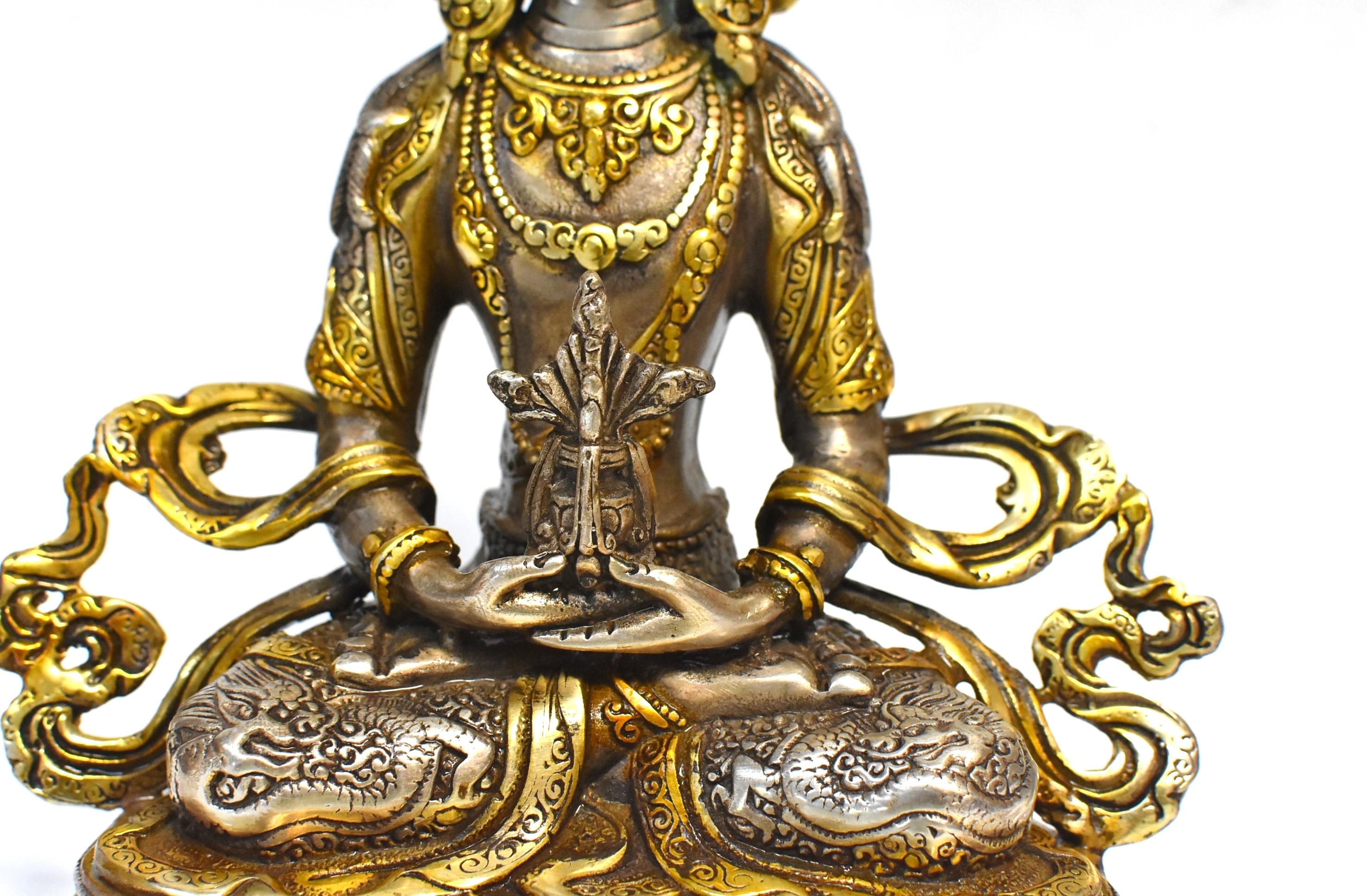 Bronze Gilded Silver Tibetan Buddha of Long Life Amitayus