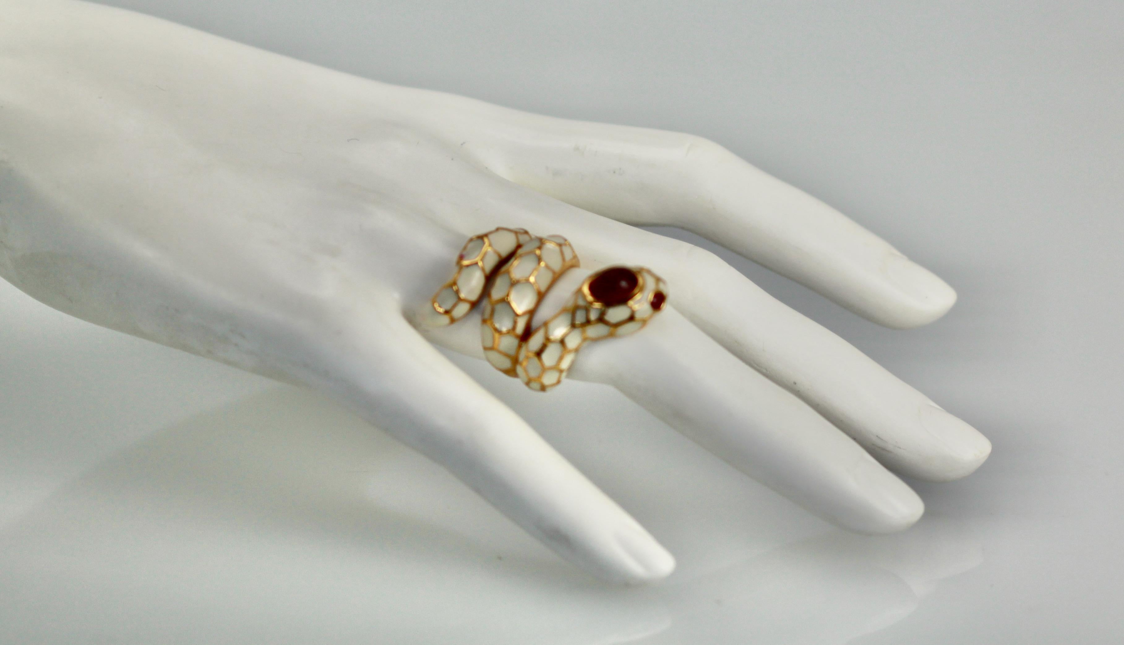 Modern Gilded Silver White Enamel Snake Ring Ruby Head