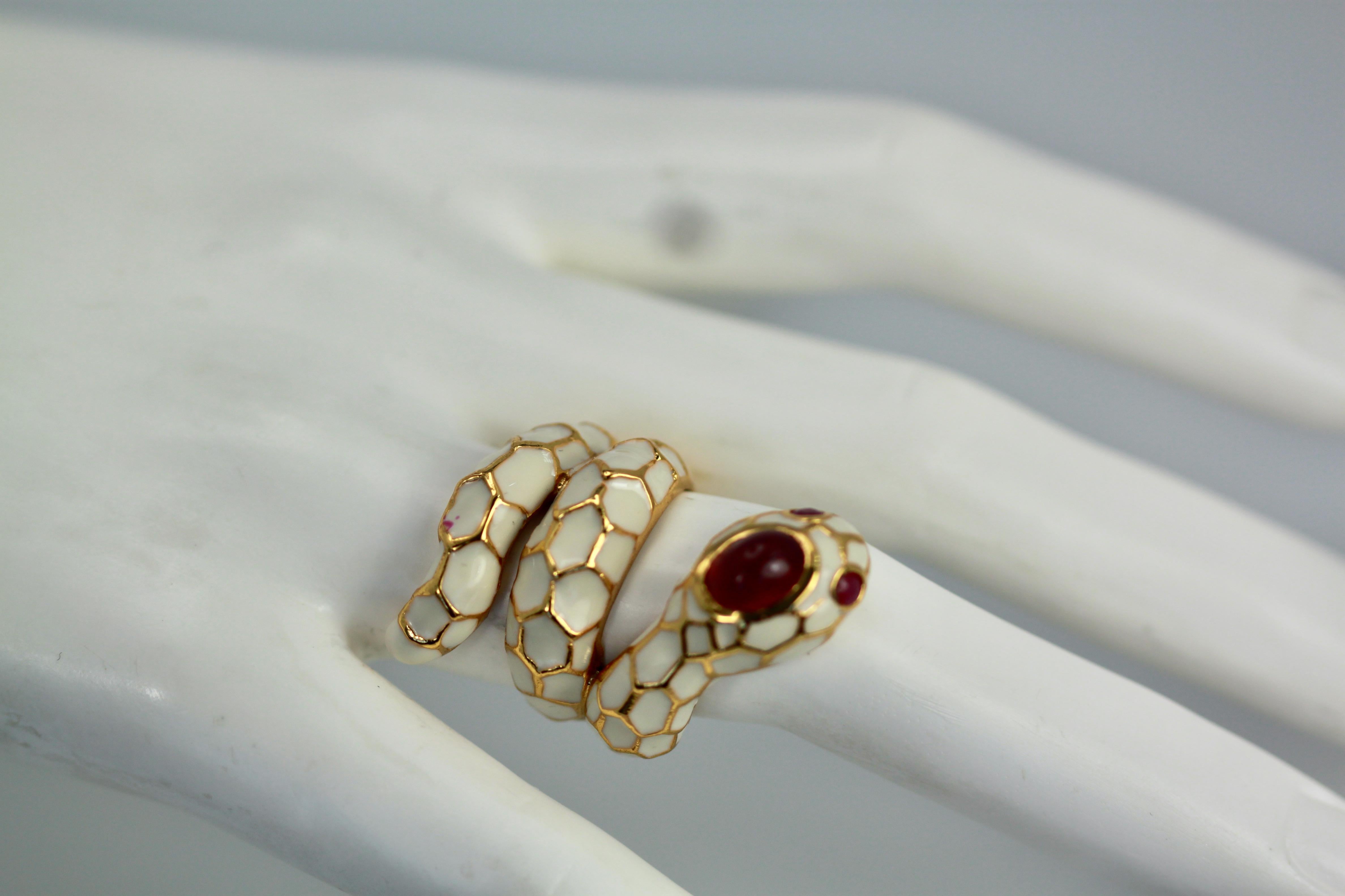 Gilded Silver White Enamel Snake Ring Ruby Head In Excellent Condition In North Hollywood, CA