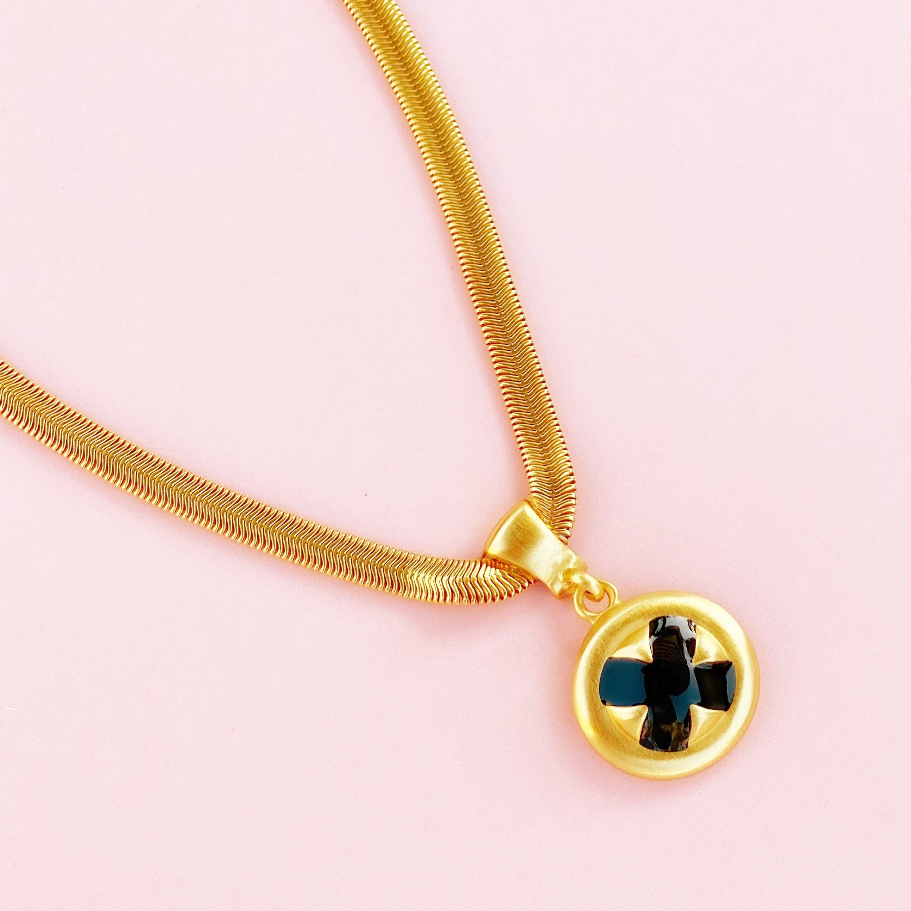 Modern Gilded Snake Chain Necklace w Black Enamel Cross Pendant By Anne Klein, 1980s