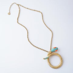 Gilded Snake Pendant Necklace w/ Turquoise and Coral Accents By Graziano, 1980s