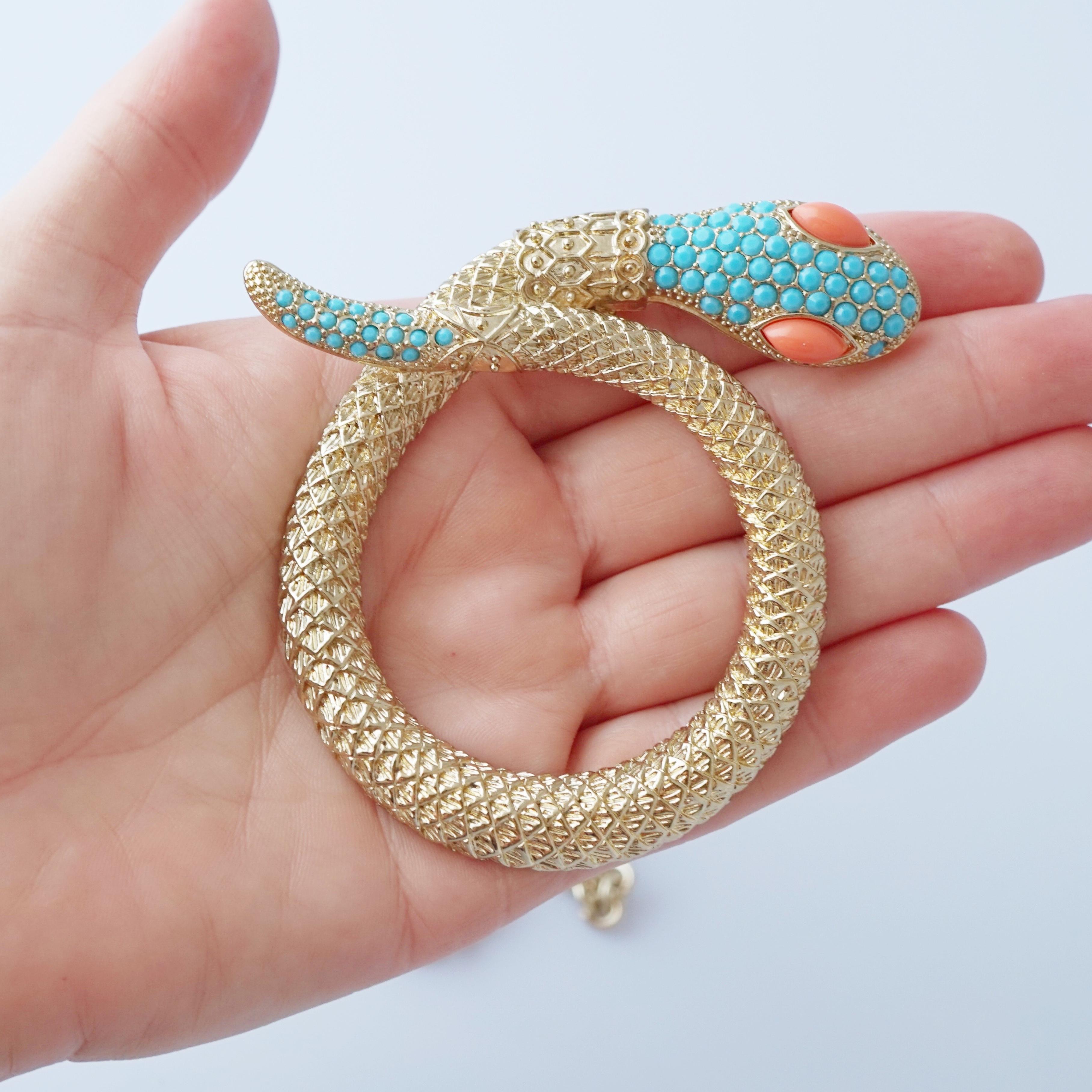 Collier à pendentifs en serpent doré avec accents de turquoise et de corail par Graziano, années 1980 en vente 2