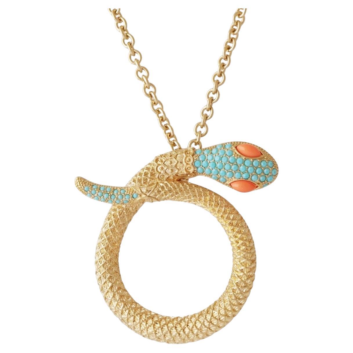 Collier à pendentifs en serpent doré avec accents de turquoise et de corail par Graziano, années 1980 en vente